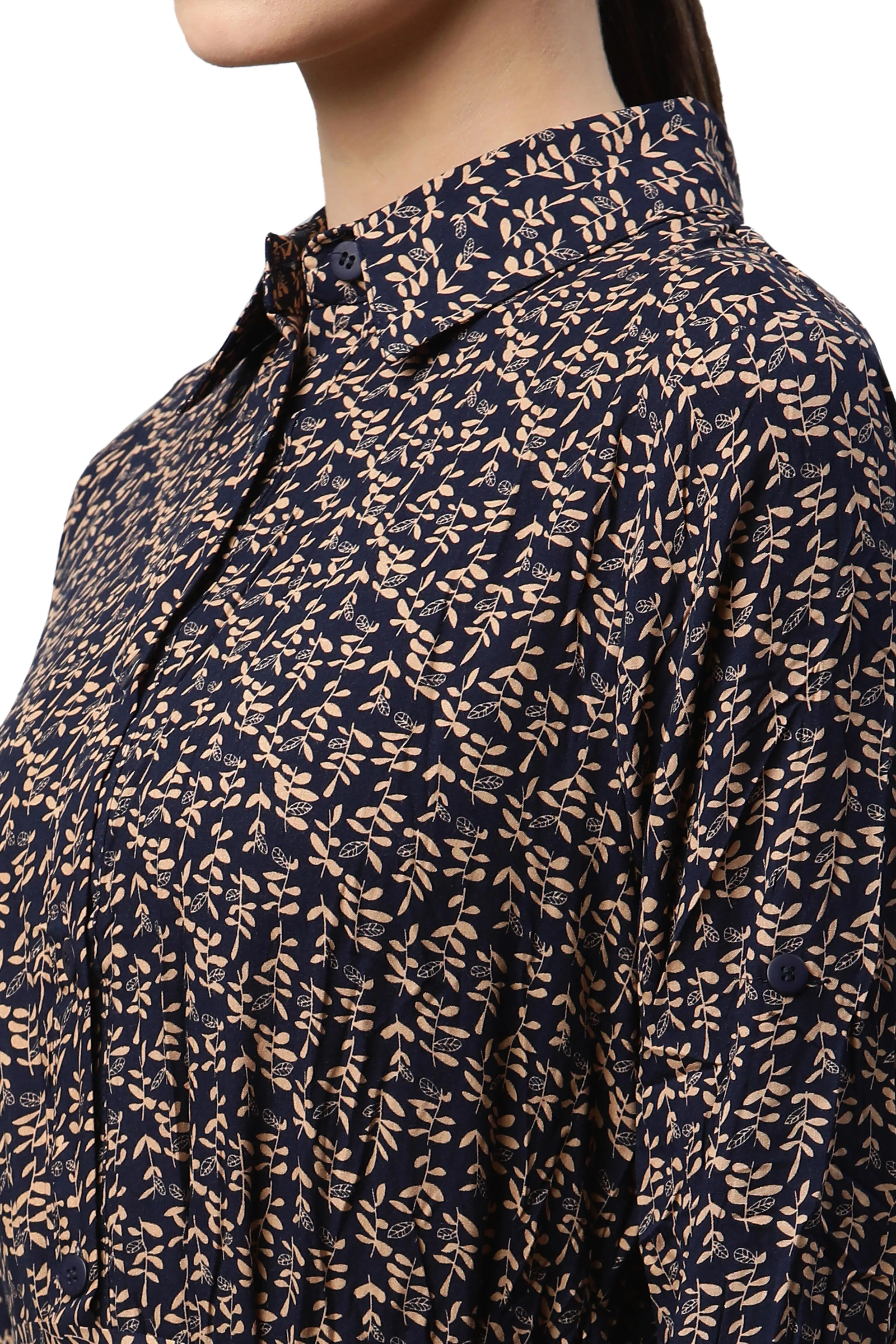 Navy Blue Collar Neck Printed Shirt Dress - Image 4
