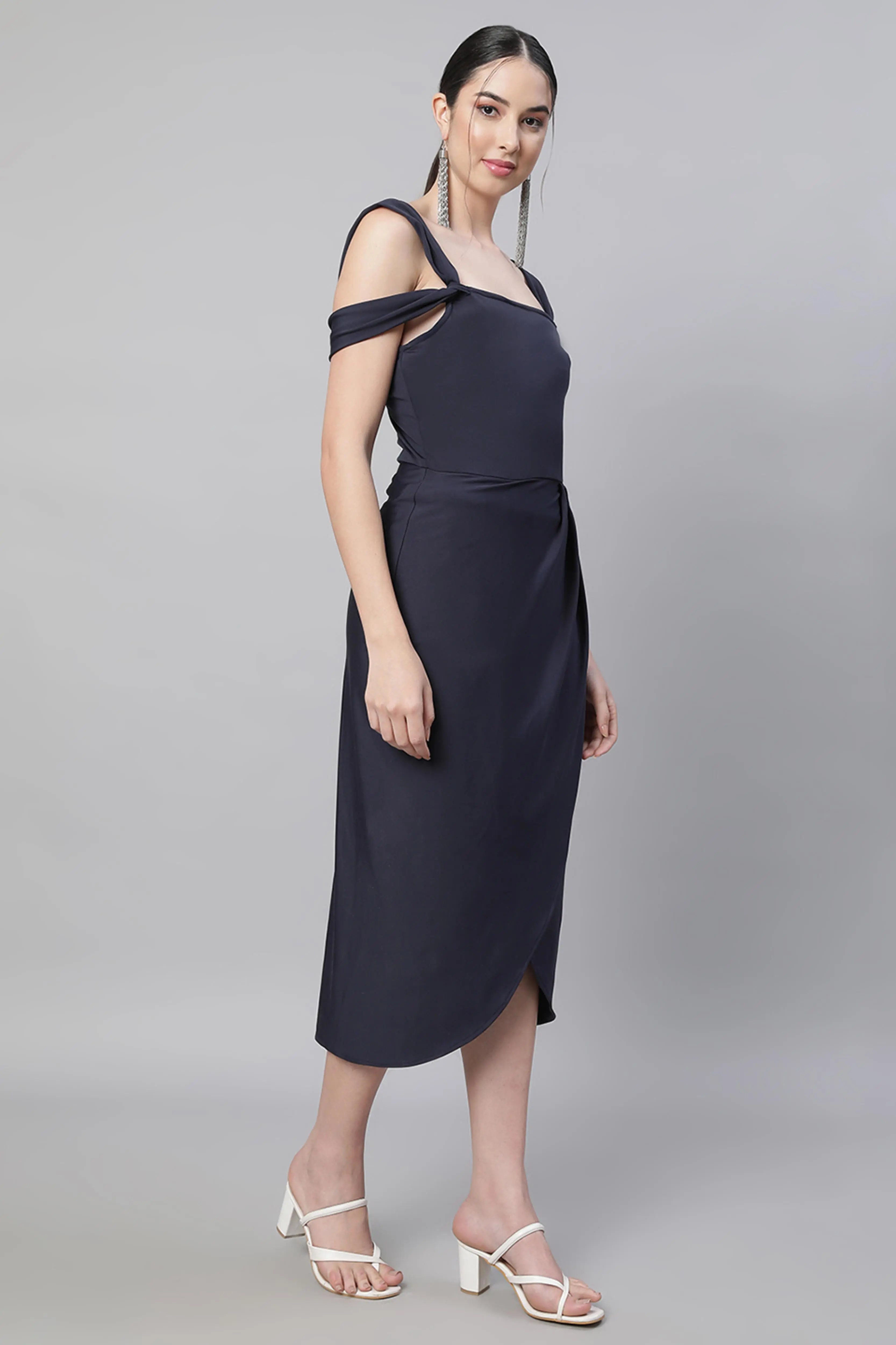 Blue Square Neck Asymmetric Hem Dress - Image 2
