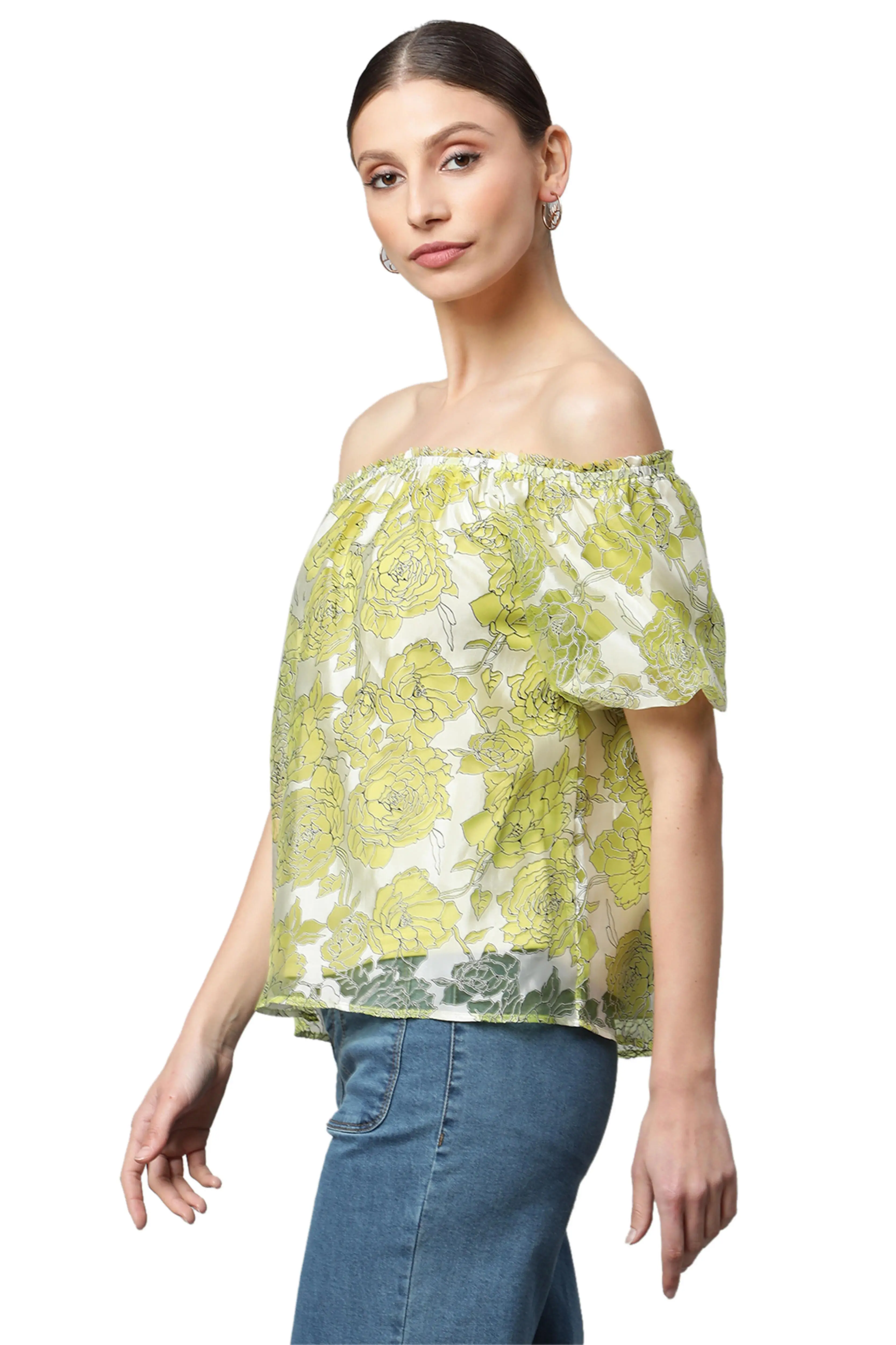 Net Floral Off-Shoulder Printed Top - Image 3