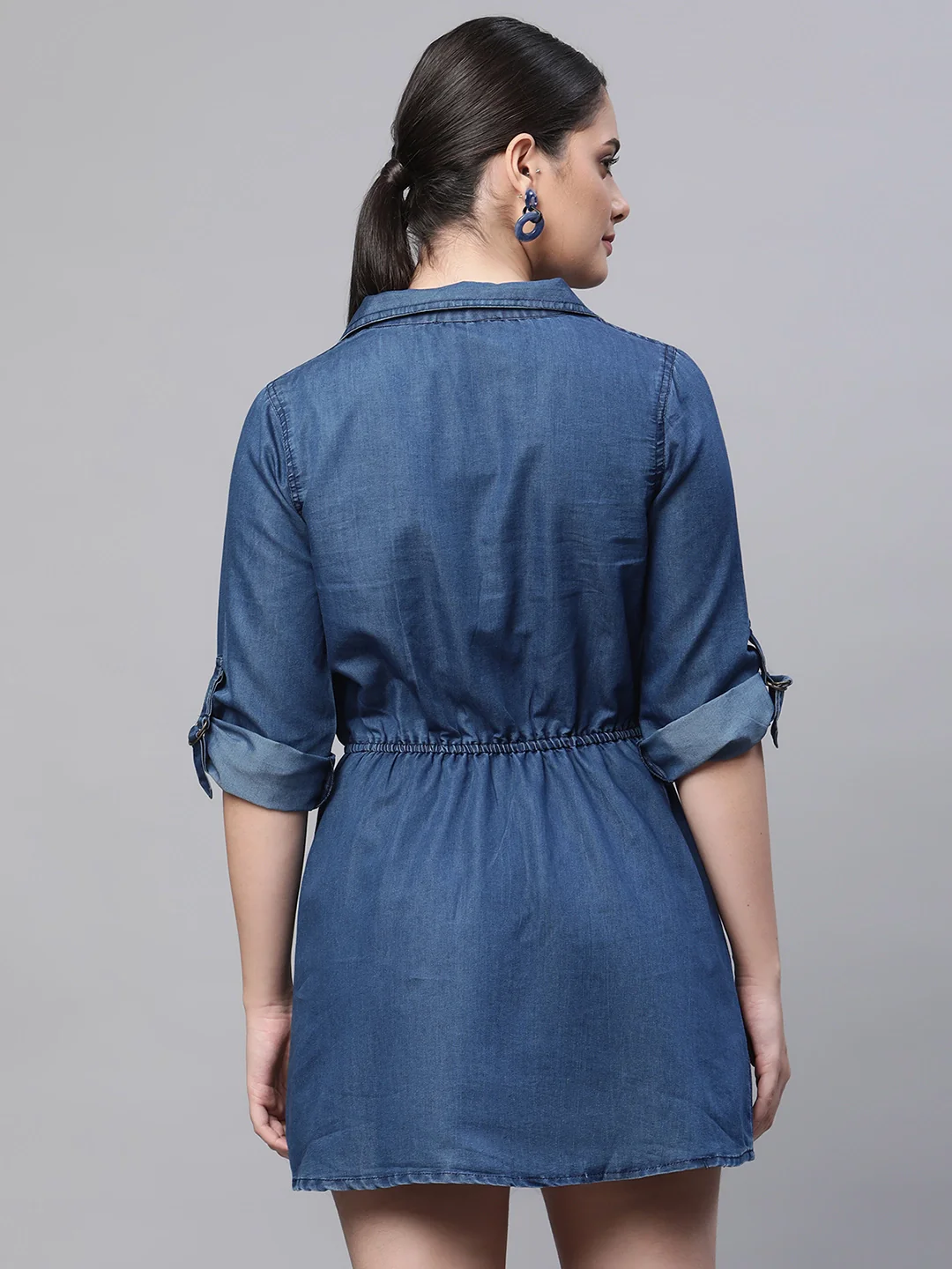 Notch Collar Dark Blue Denim Mini Dress - Image 4