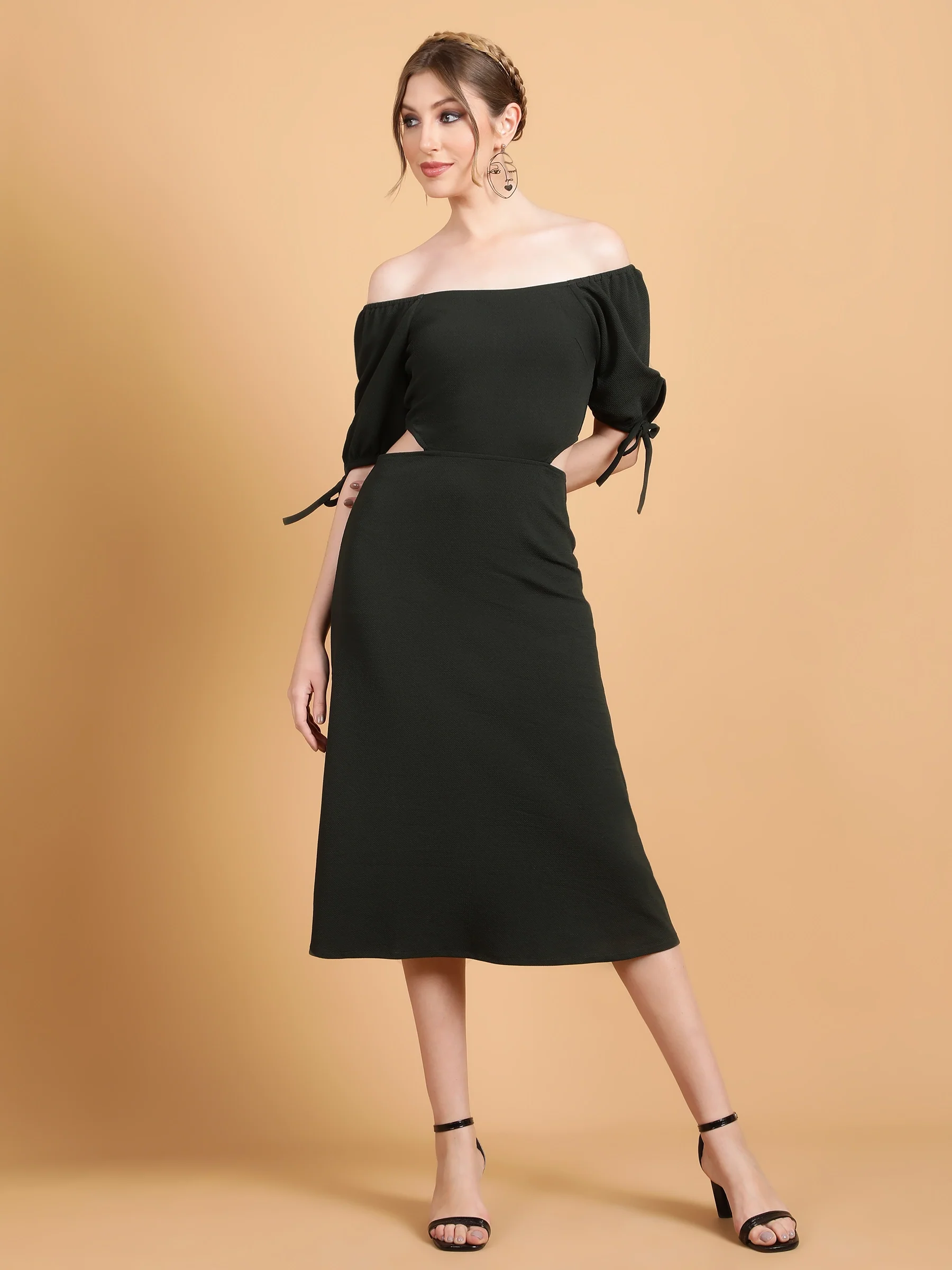 Green Off-Shoulder Waist Cut Bodycon Dress - Image 6