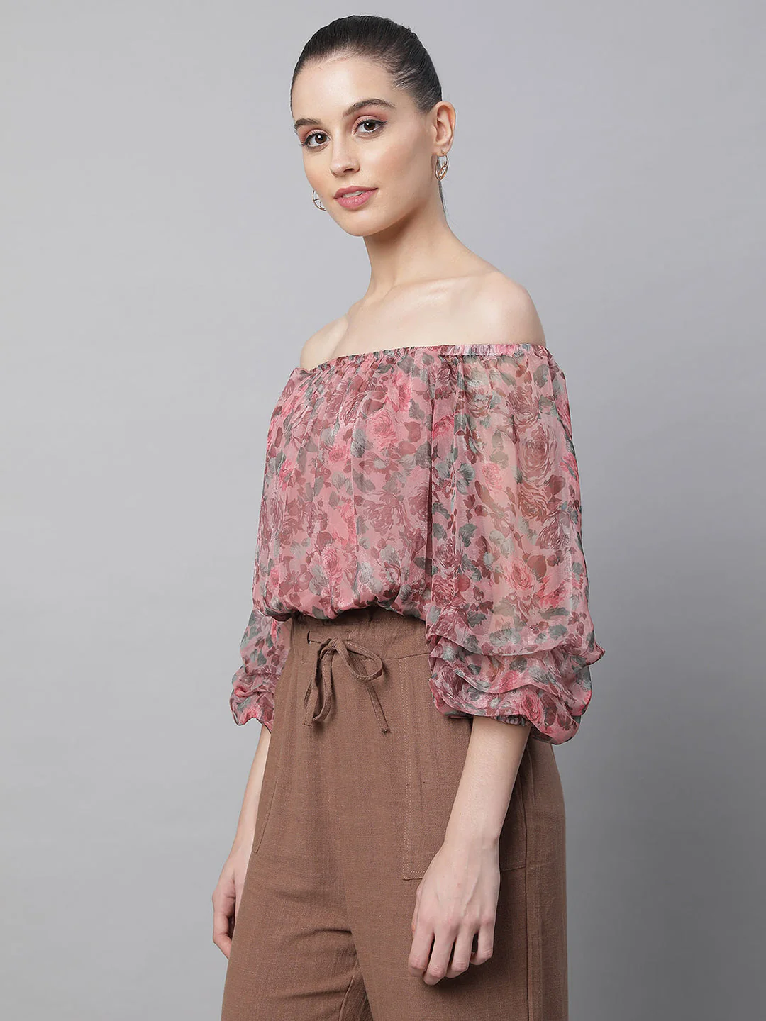 Off-Shoulder Printed Cropped Blouson Top - Image 3
