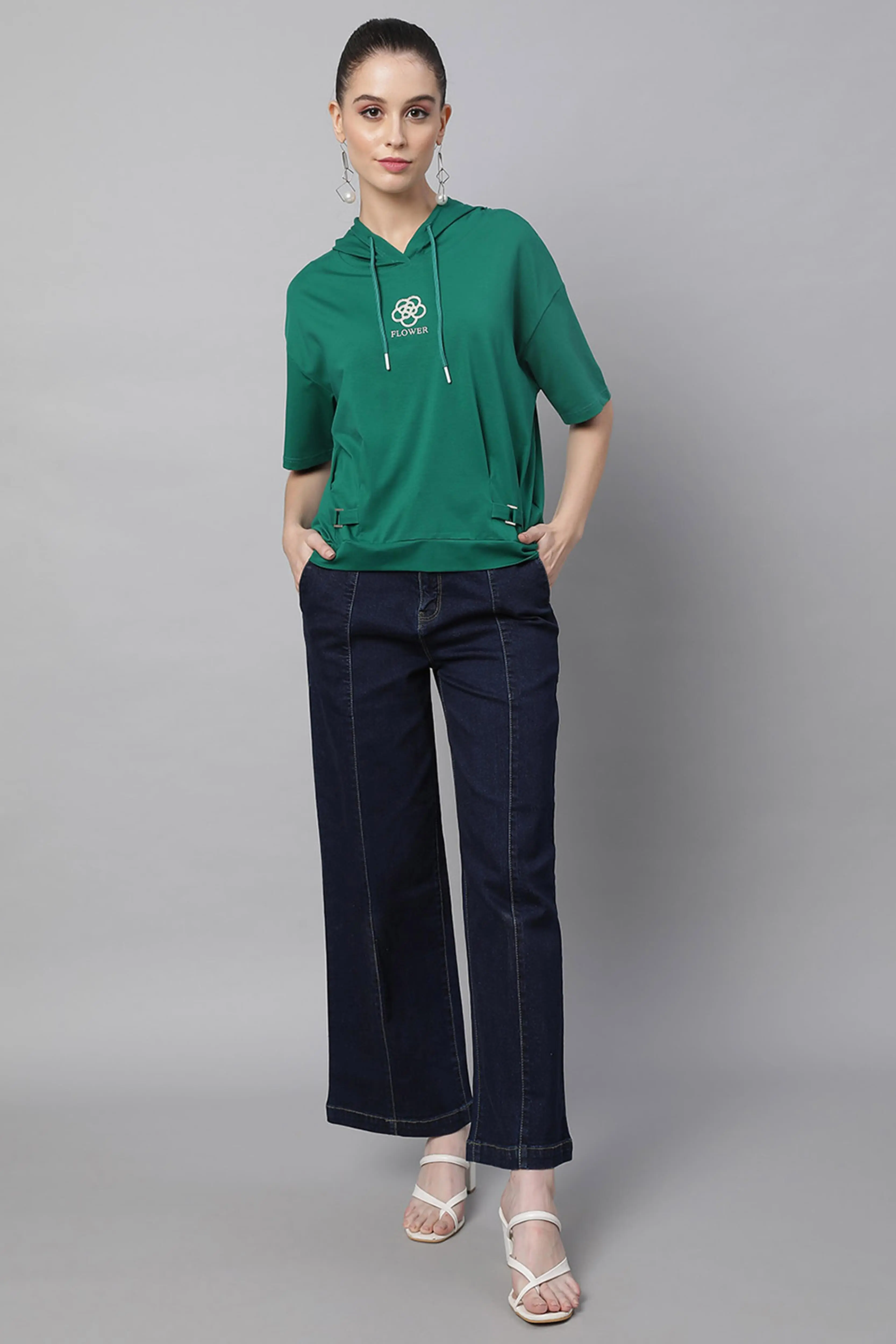Green Loose Fit Hooded Top