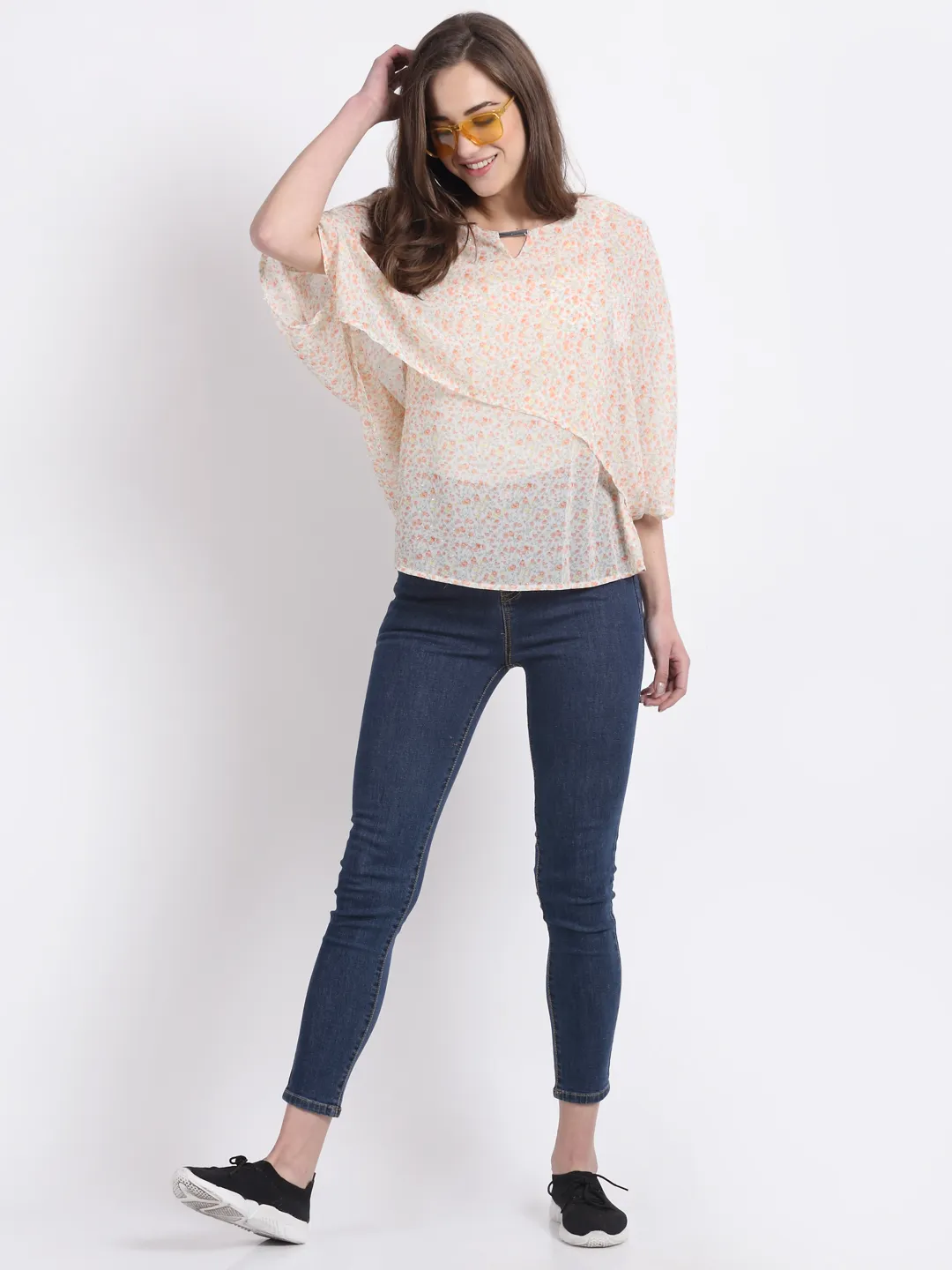 Women Orange Printed Layered Blouson Top - Image 5