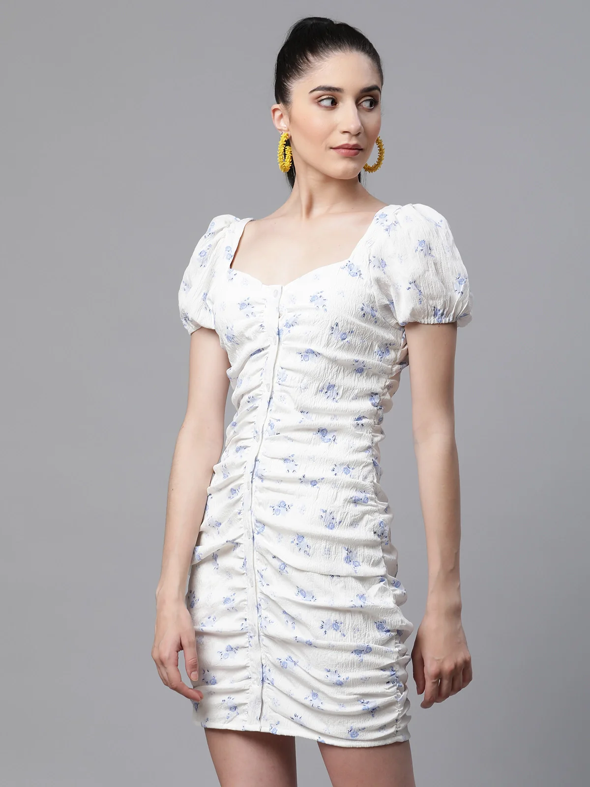 White Floral Ruched Bodycon Dress - Image 6