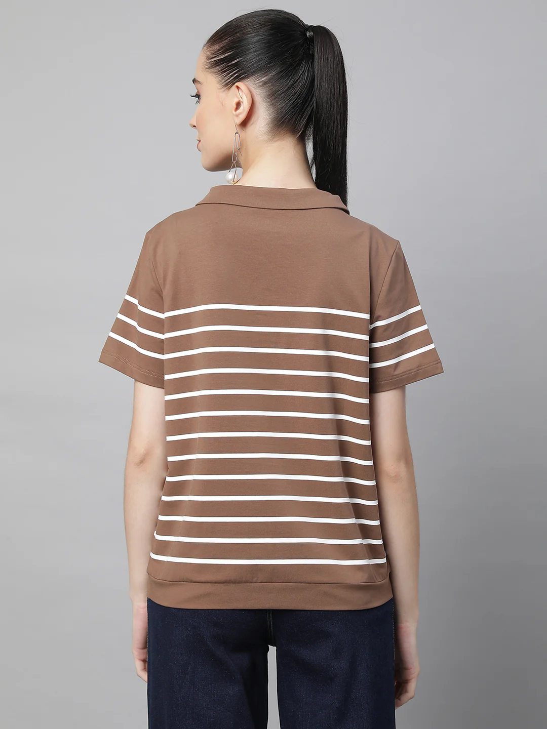 Peter Pan Collar White Striped Brown Top - Image 3