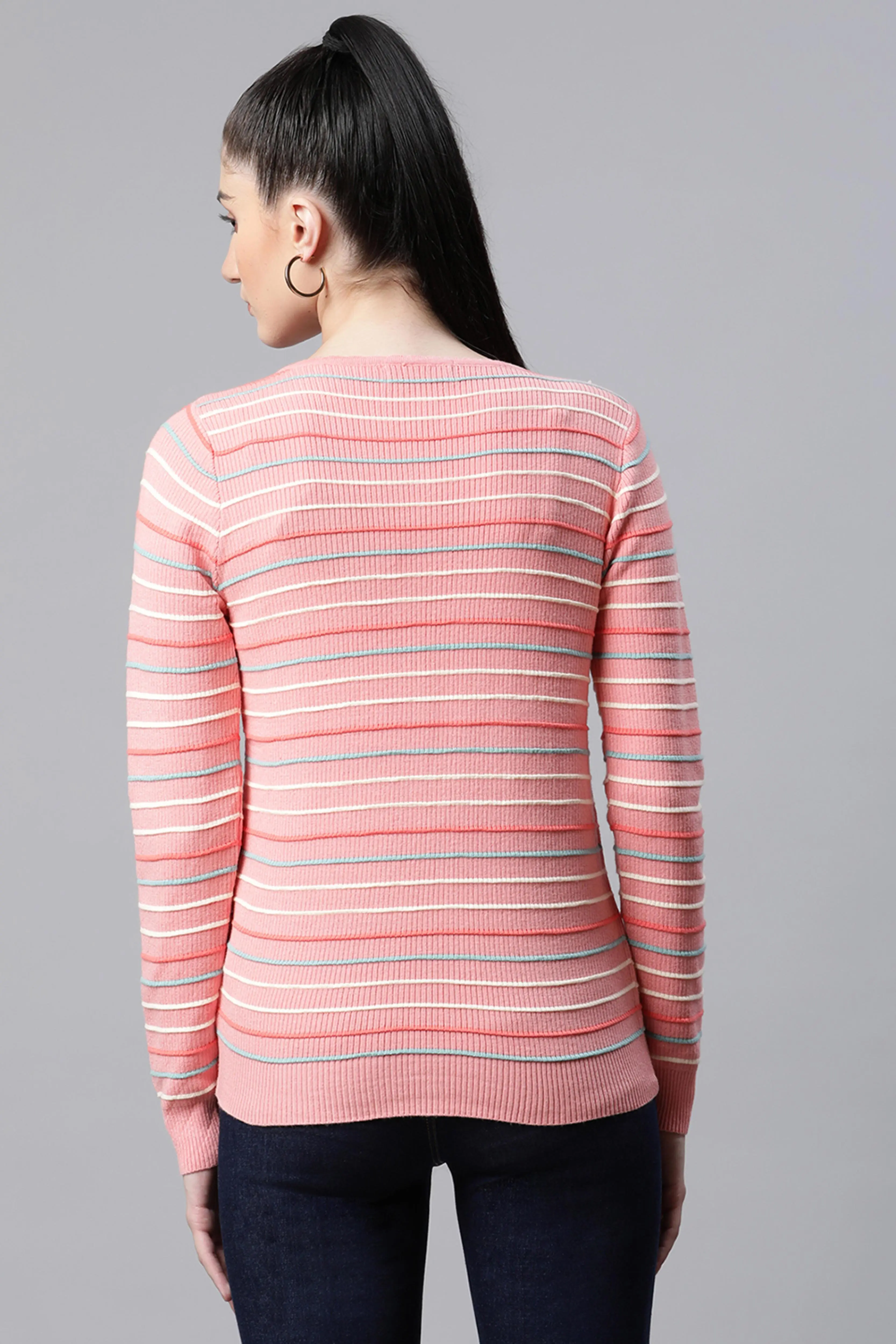 Pink Round Neck Regular Fit Striped Pullover - Image 2
