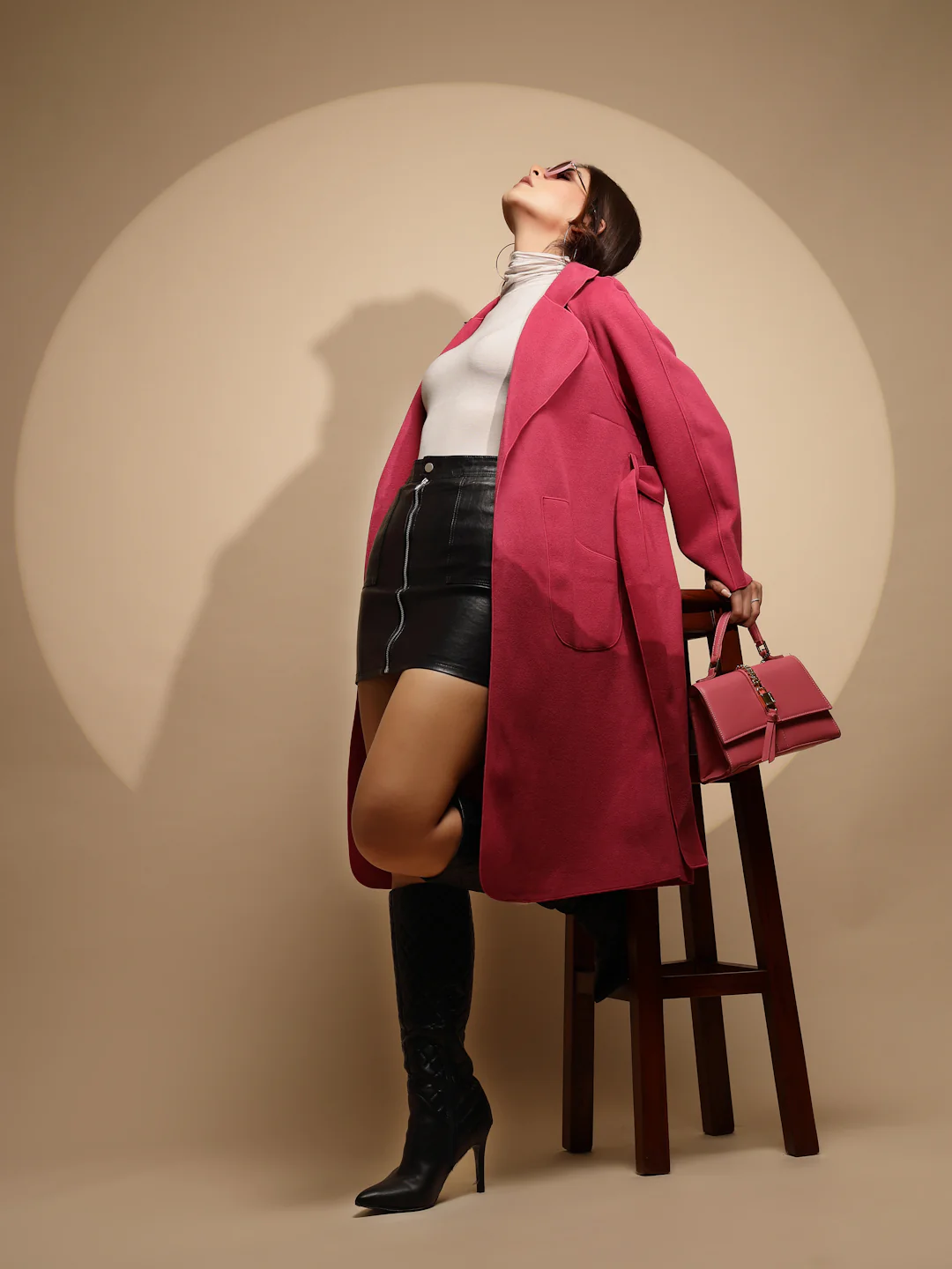 Pink Solid Collared Neck Full Sleeve Suede Long Wrap Coat - Image 6