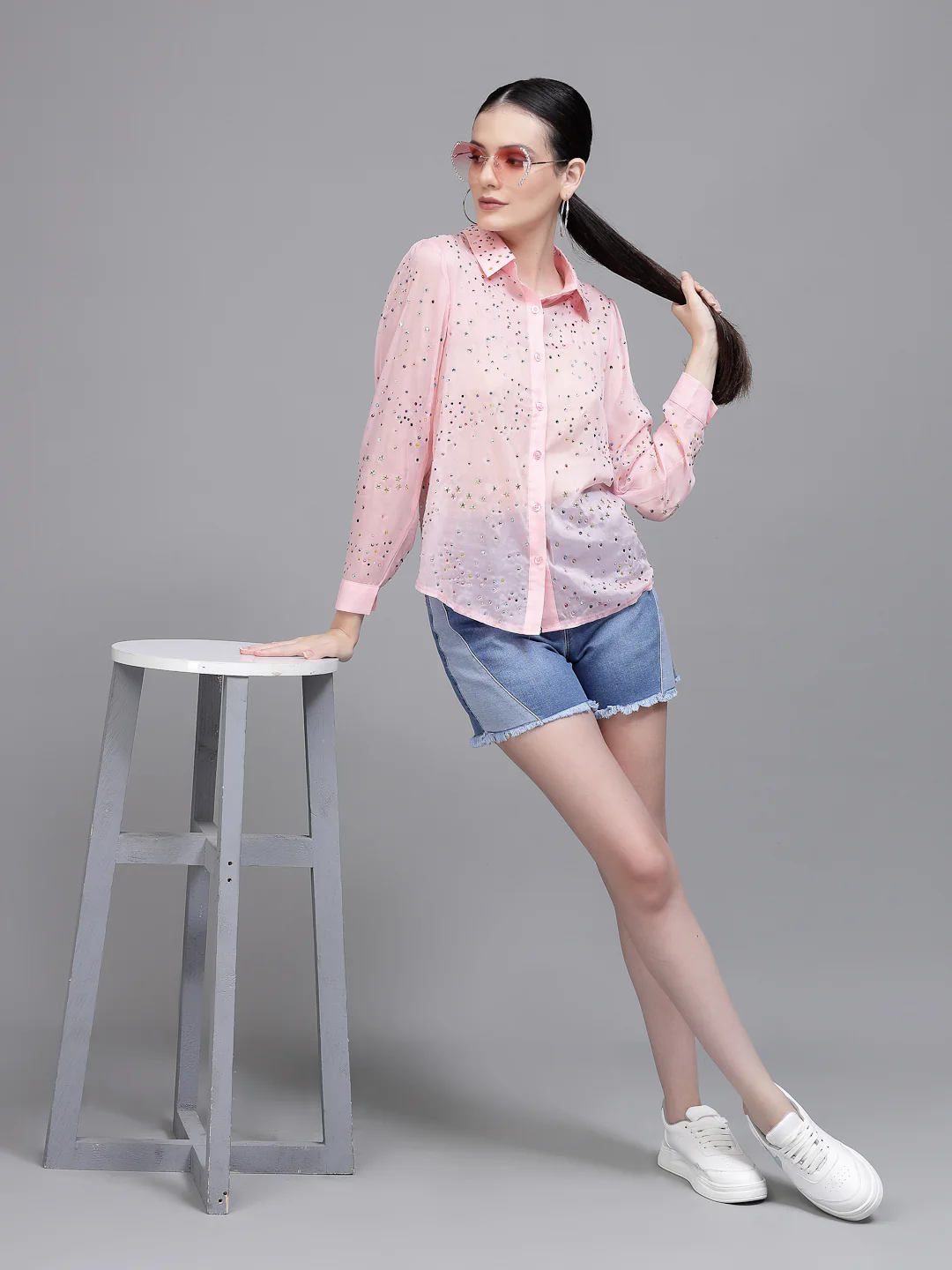 Pink Embellished Collar Neck Shirt - Image 6