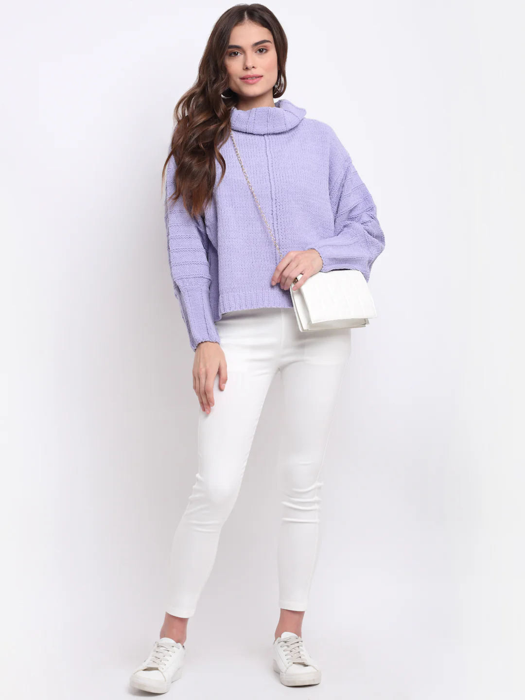 Women Purple High Neck Solid Knit Pullover - Image 2