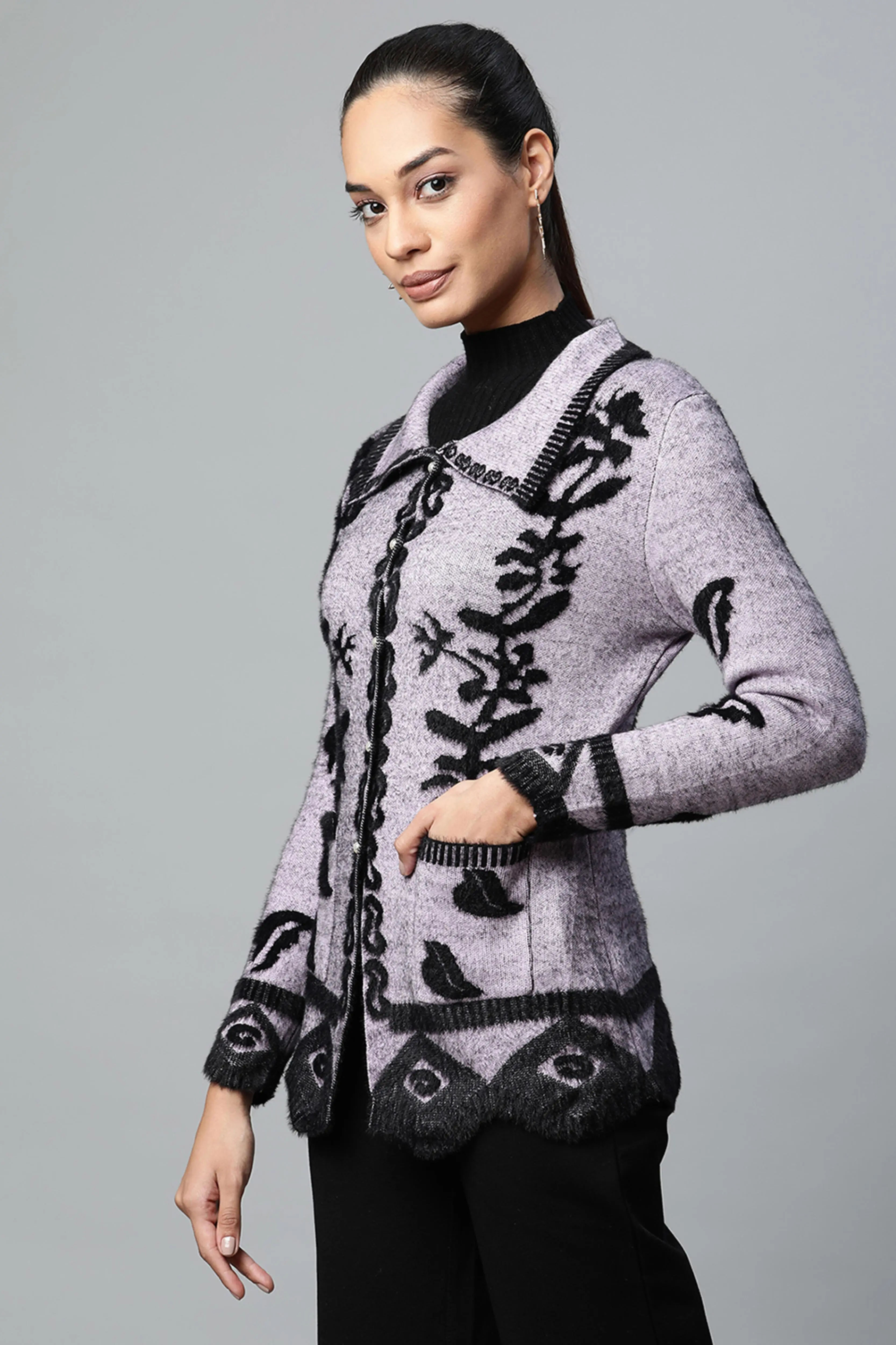 Light Purple Floral Knitted Cardigan - Image 3