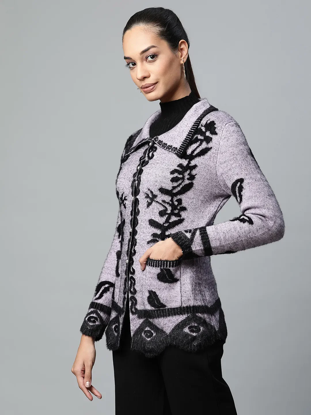 Light Purple Floral Knitted Cardigan - Image 6