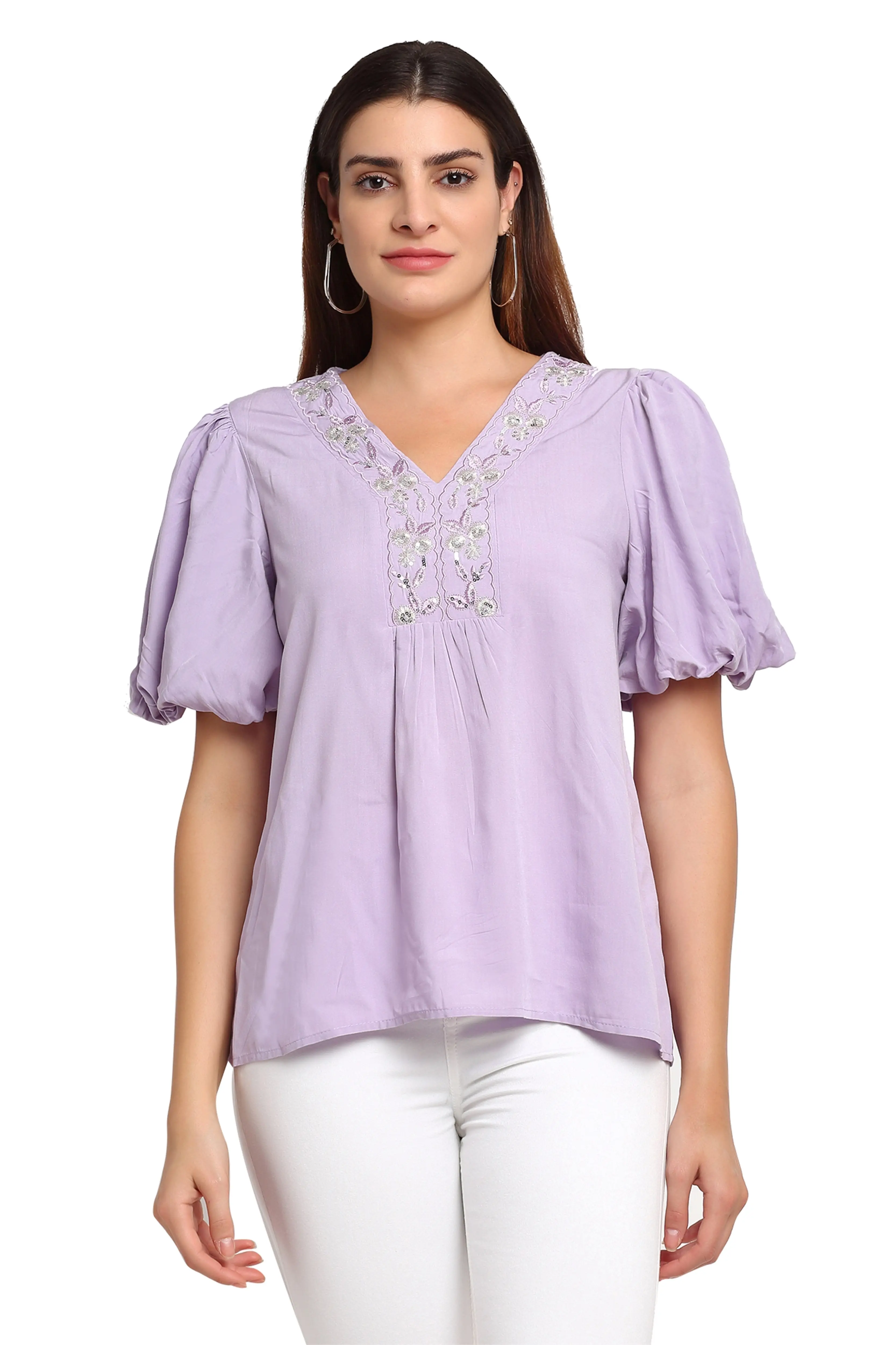 Purple Viscose Rayon Puffed Sleeves Top - Image 3