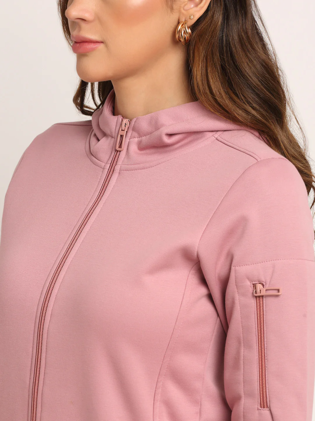 Pink Solid Casual Hip Length Hooded Sweatshirt - Image 3