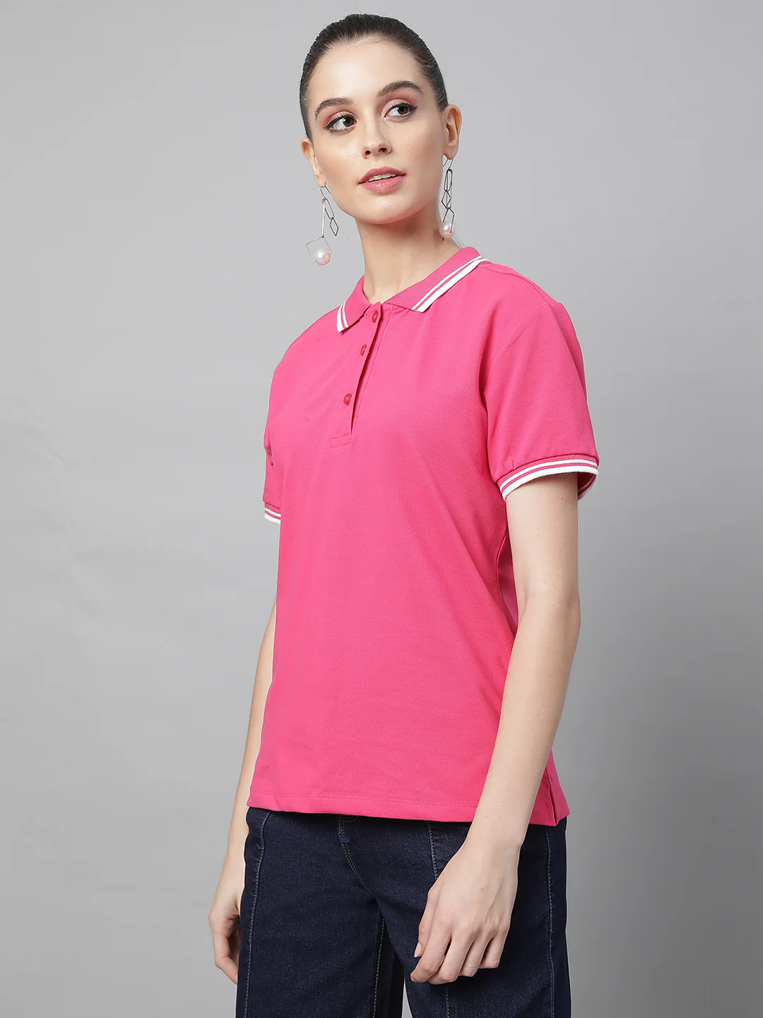 Regular Fit Polo Neck Pink Cotton T-Shirt - Image 7