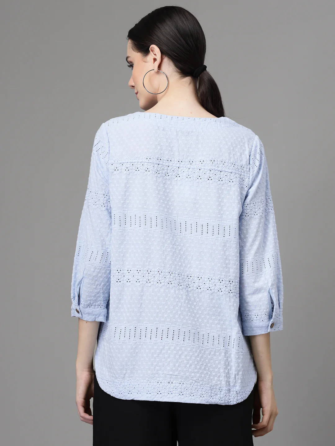Regular-Fit V Neck Schiffli Embroidery Blouson Top - Image 9