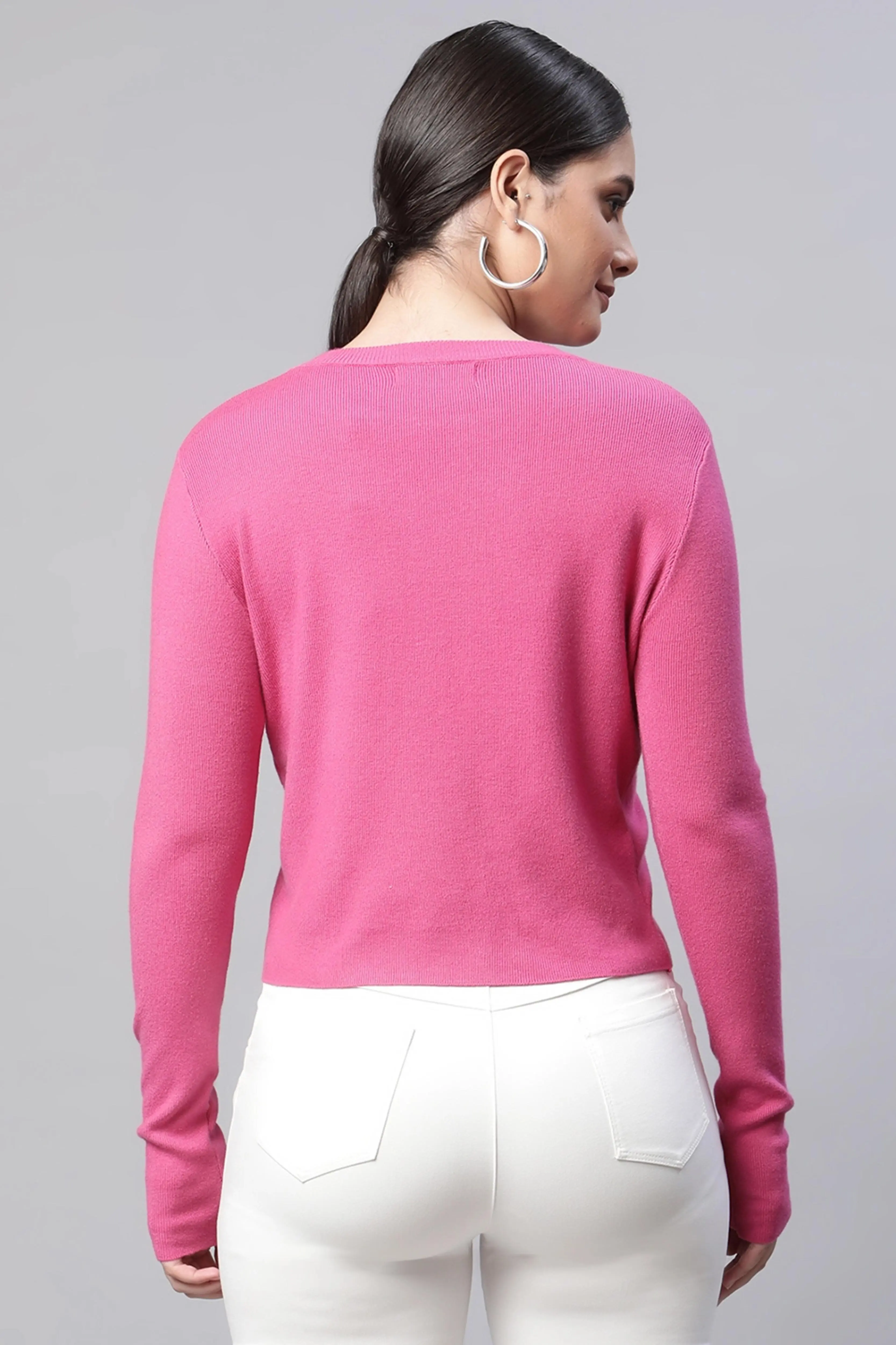 Pink Solid Cropped Knitted Pullover - Image 4