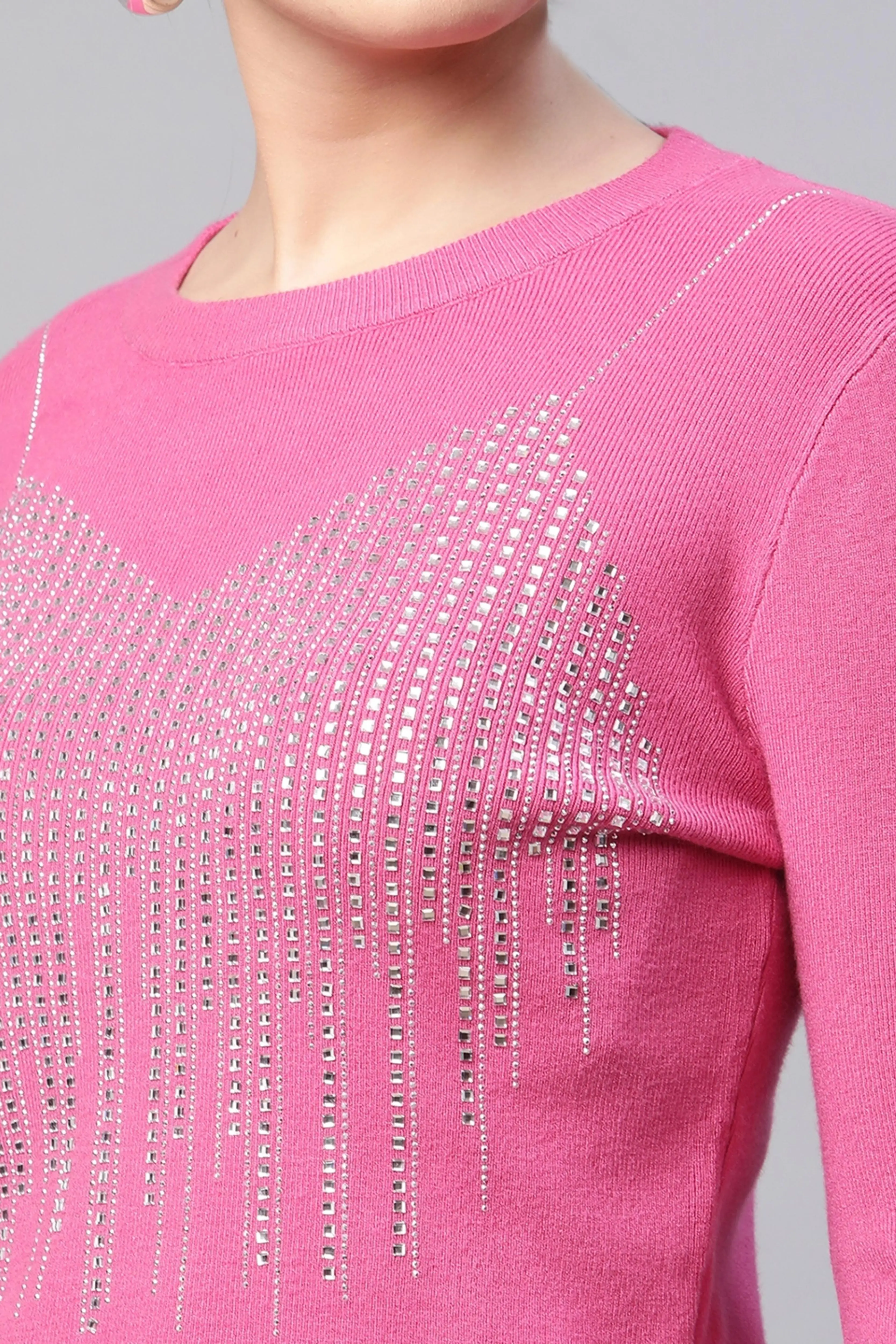 Pink Solid Cropped Knitted Pullover - Image 5