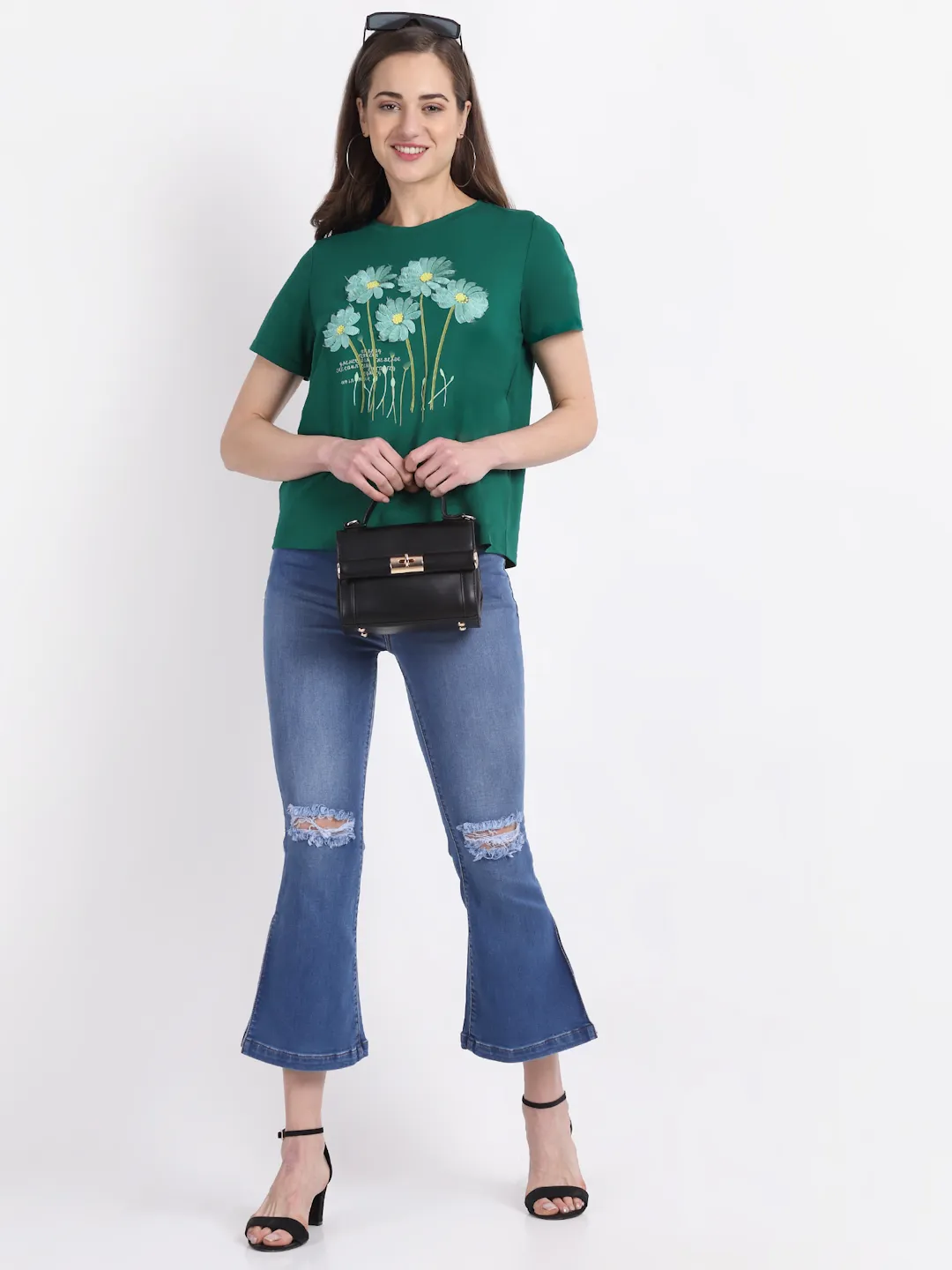 Round Neck Hosiery Solid Green T-Shirt - Image 2