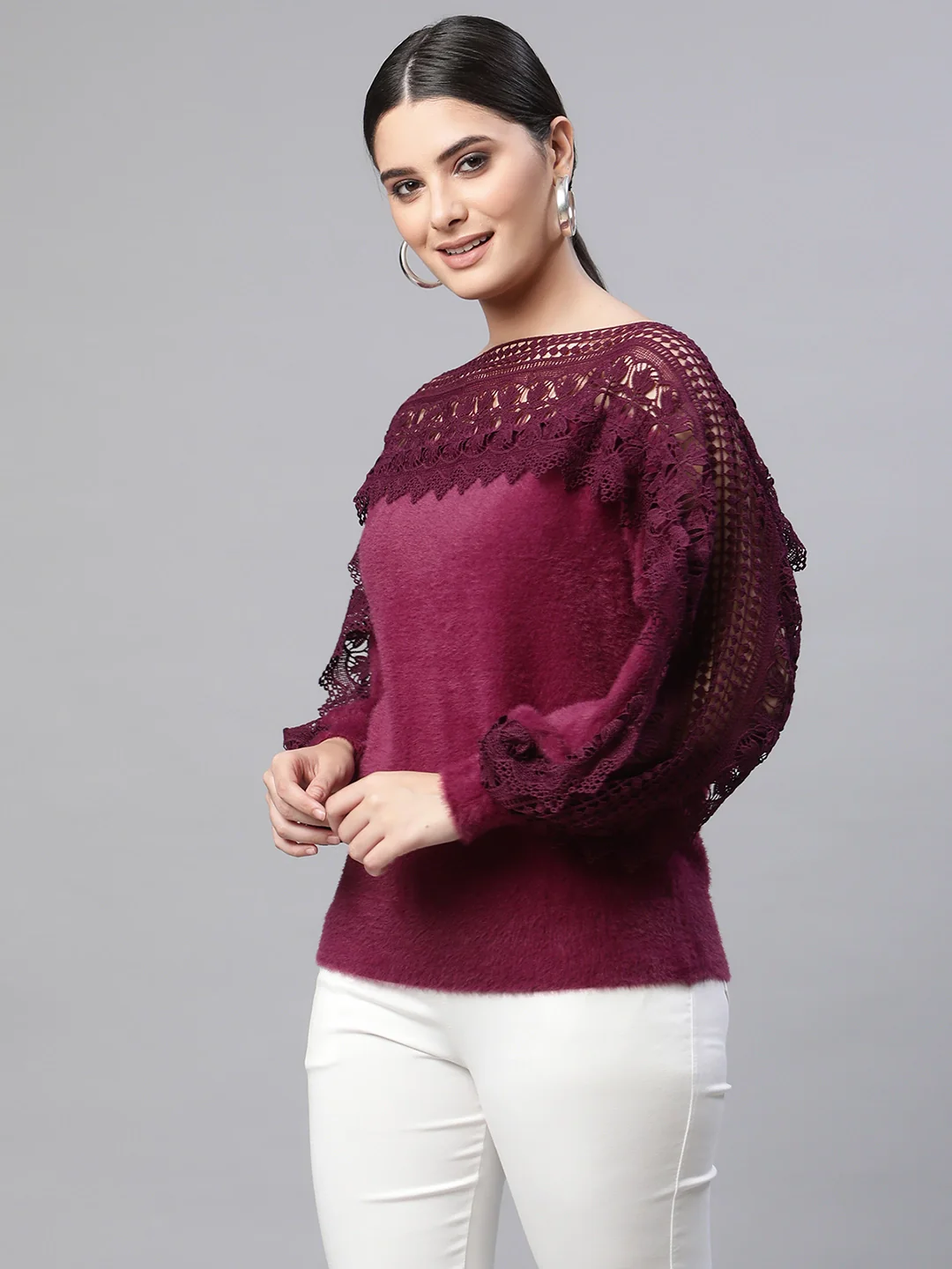 Plum Solid Knitted Pullover - Image 3