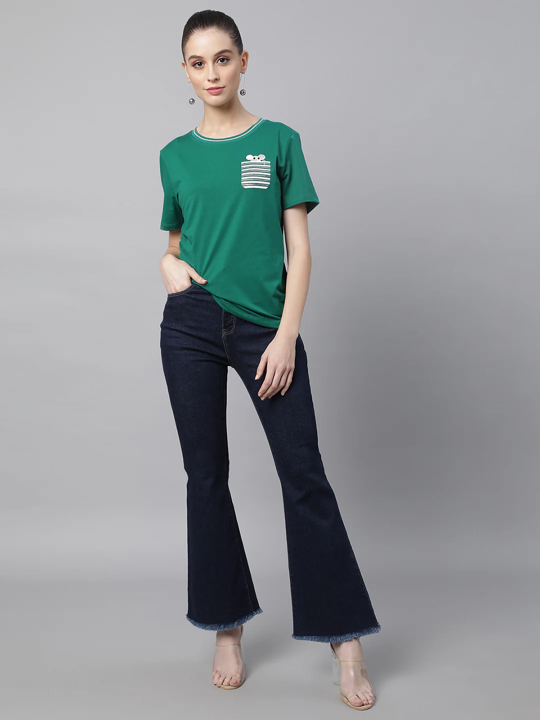 Women Round Neck Regular Fit Green T-Shirt - Image 4