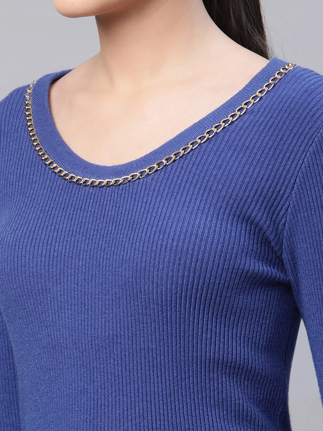 Blue Solid Knitted Pullover - Image 5