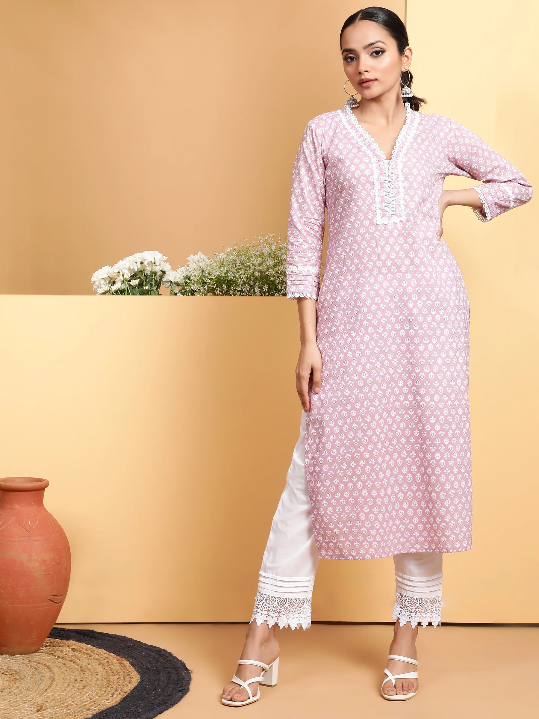 Women Sea Blue Round Neck Printed Kurta Set - Image 3