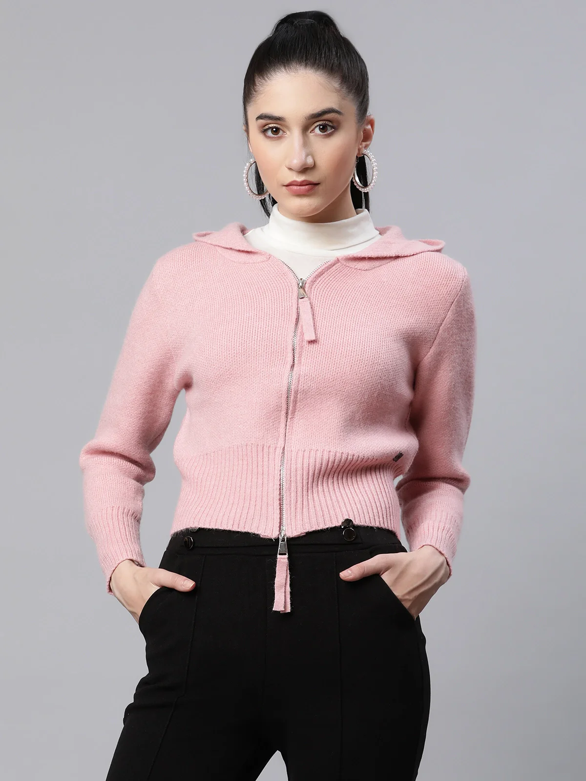 Solid Blush Pink Fleece Regular Fit Casual Pullover - Image 7