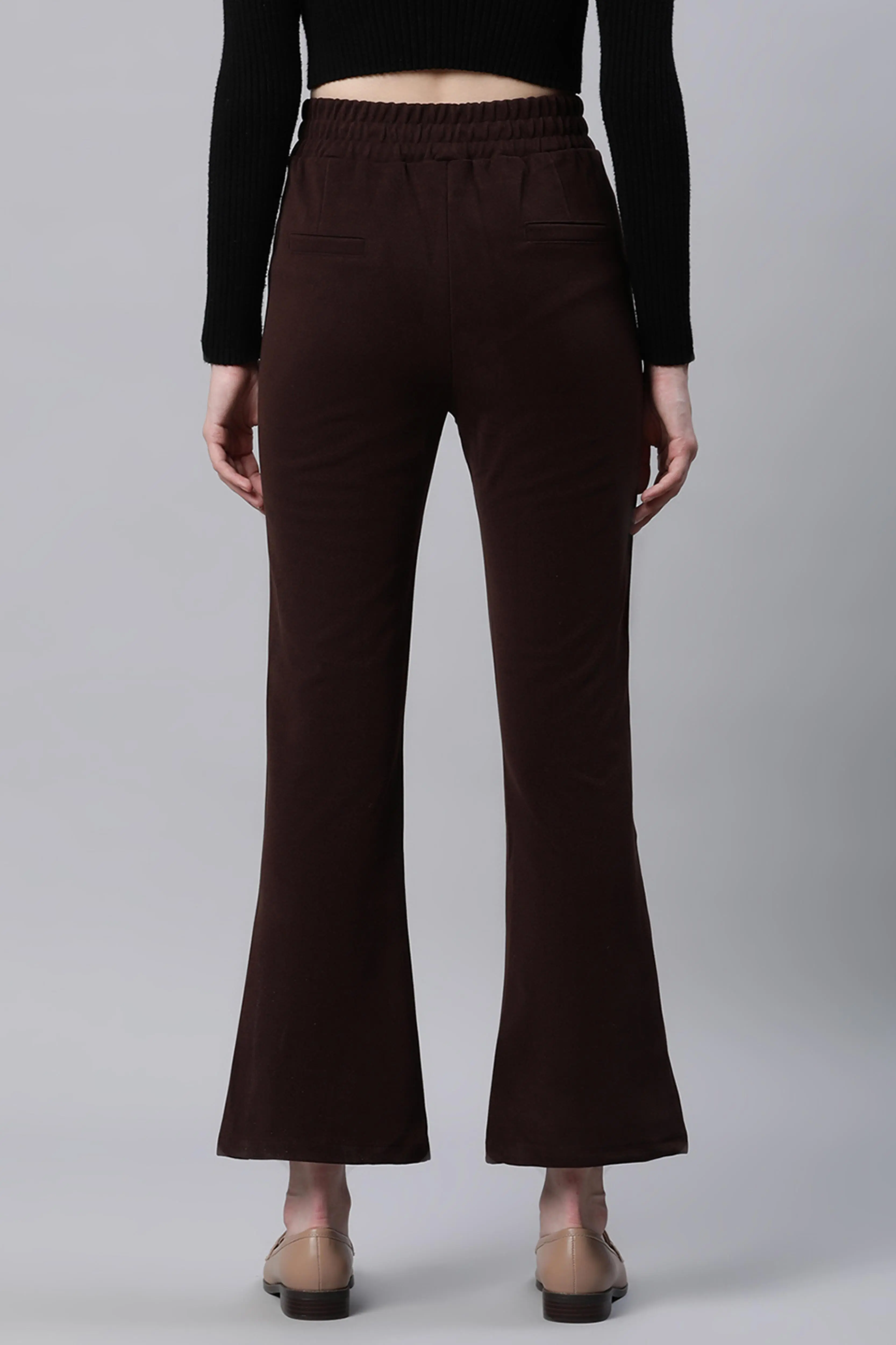 Solid High Rise Brown Flared Trousers - Image 4