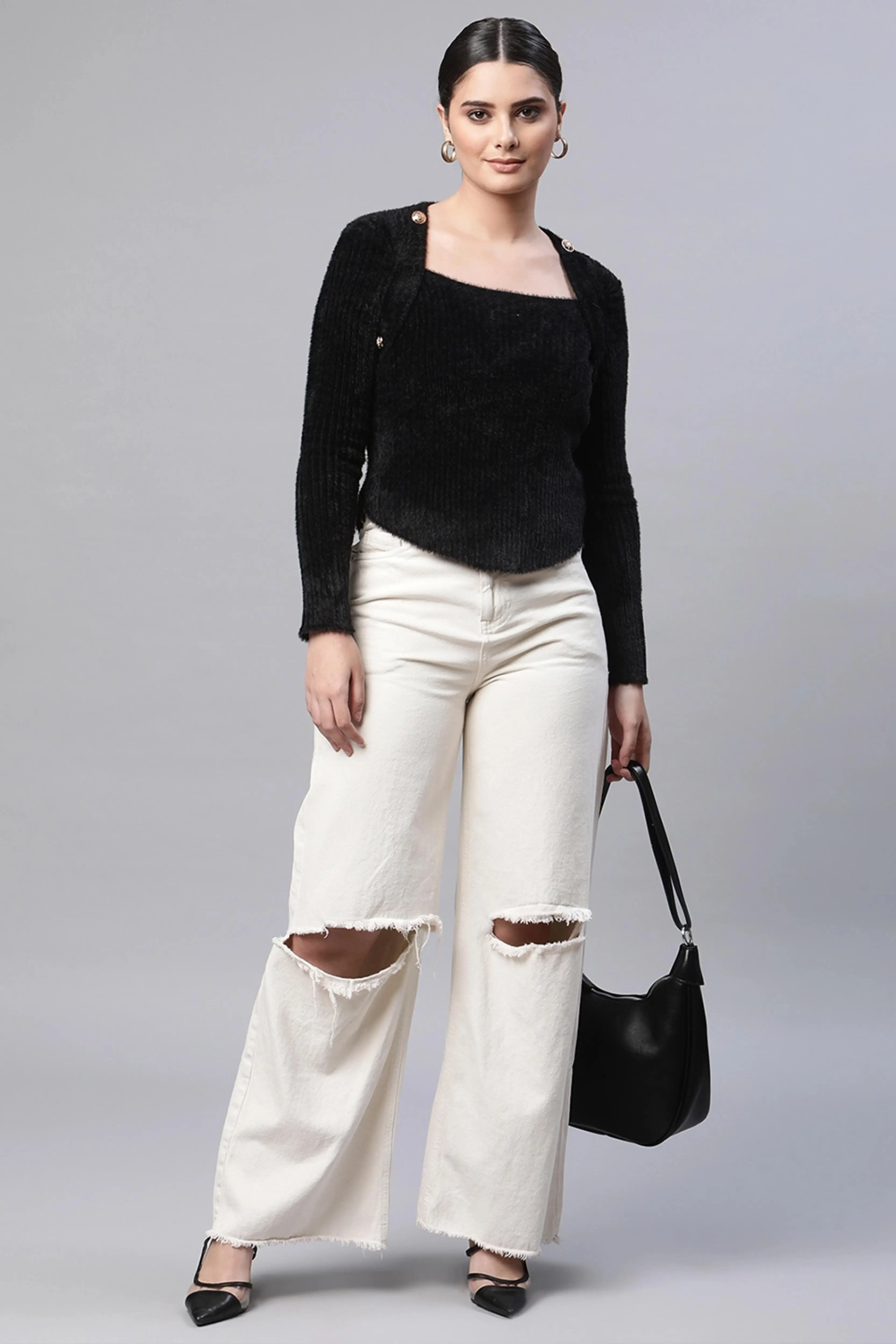 Black Square Neck Acrylic Pullover - Image 7