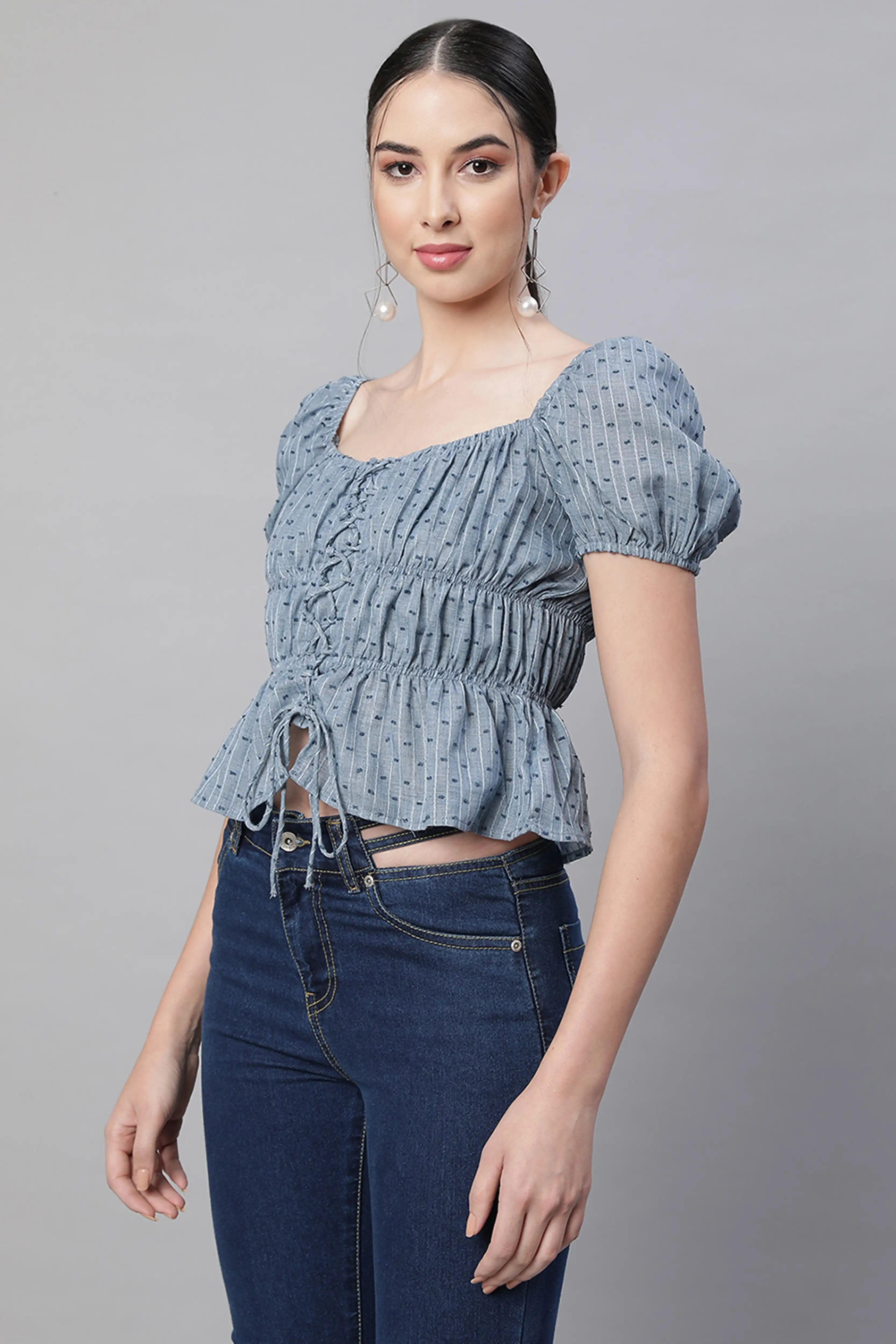 Blue Cotton Smocked Crop Top - Image 3
