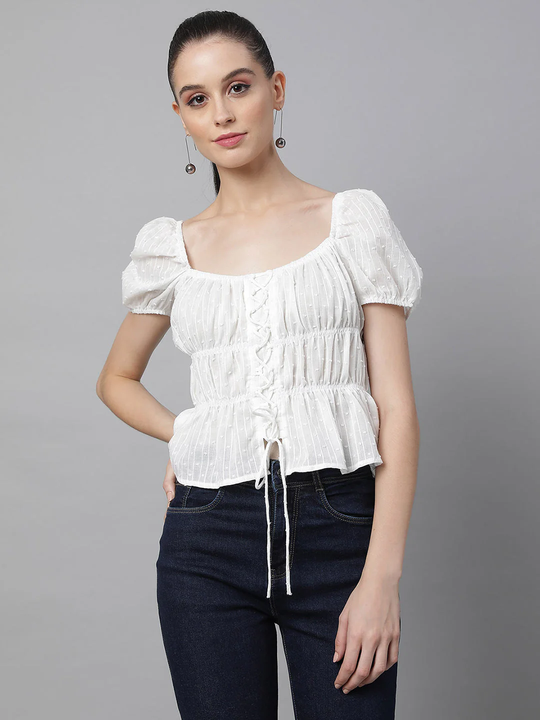 Blue Cotton Smocked Crop Top - Image 8