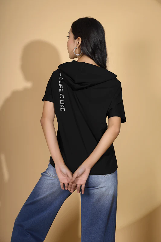 Women Regular Fit Black Hooded Top - Image 11