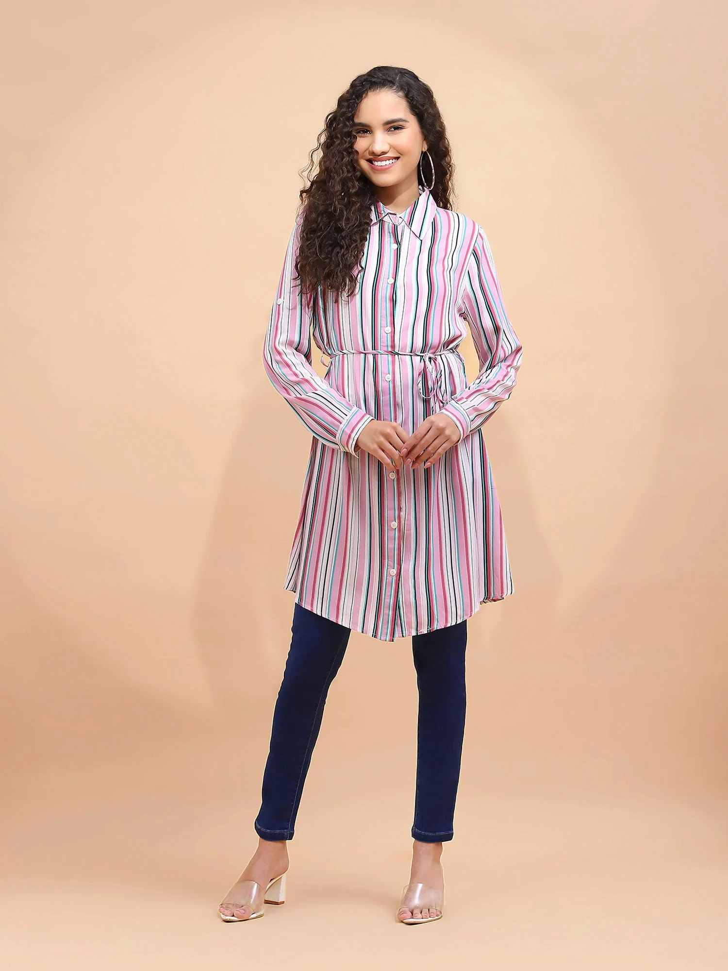 Multicolor Striped Rayon Shirt Dress - Image 2