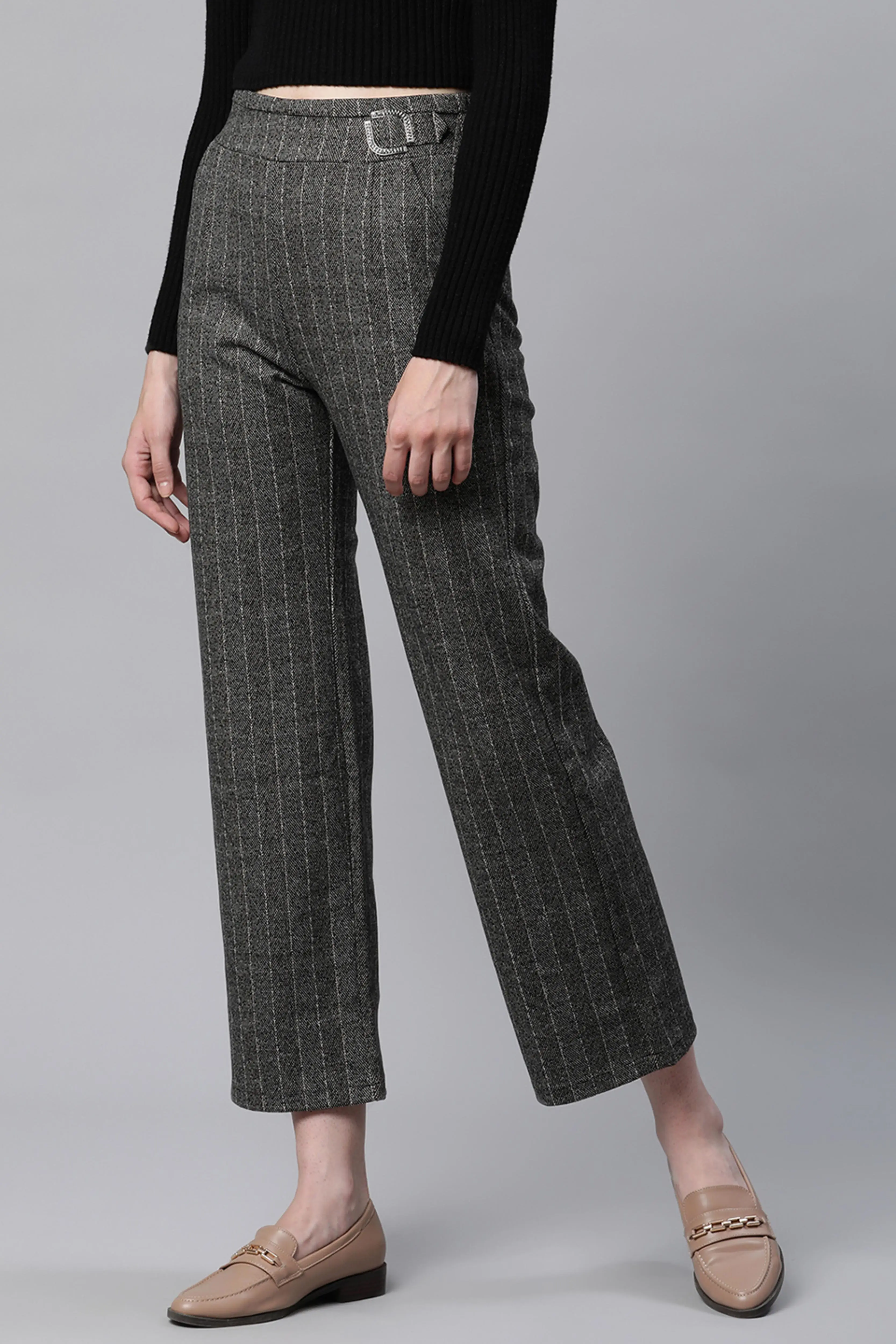 Grey Striped High Waist Straight Trousers - Image 3