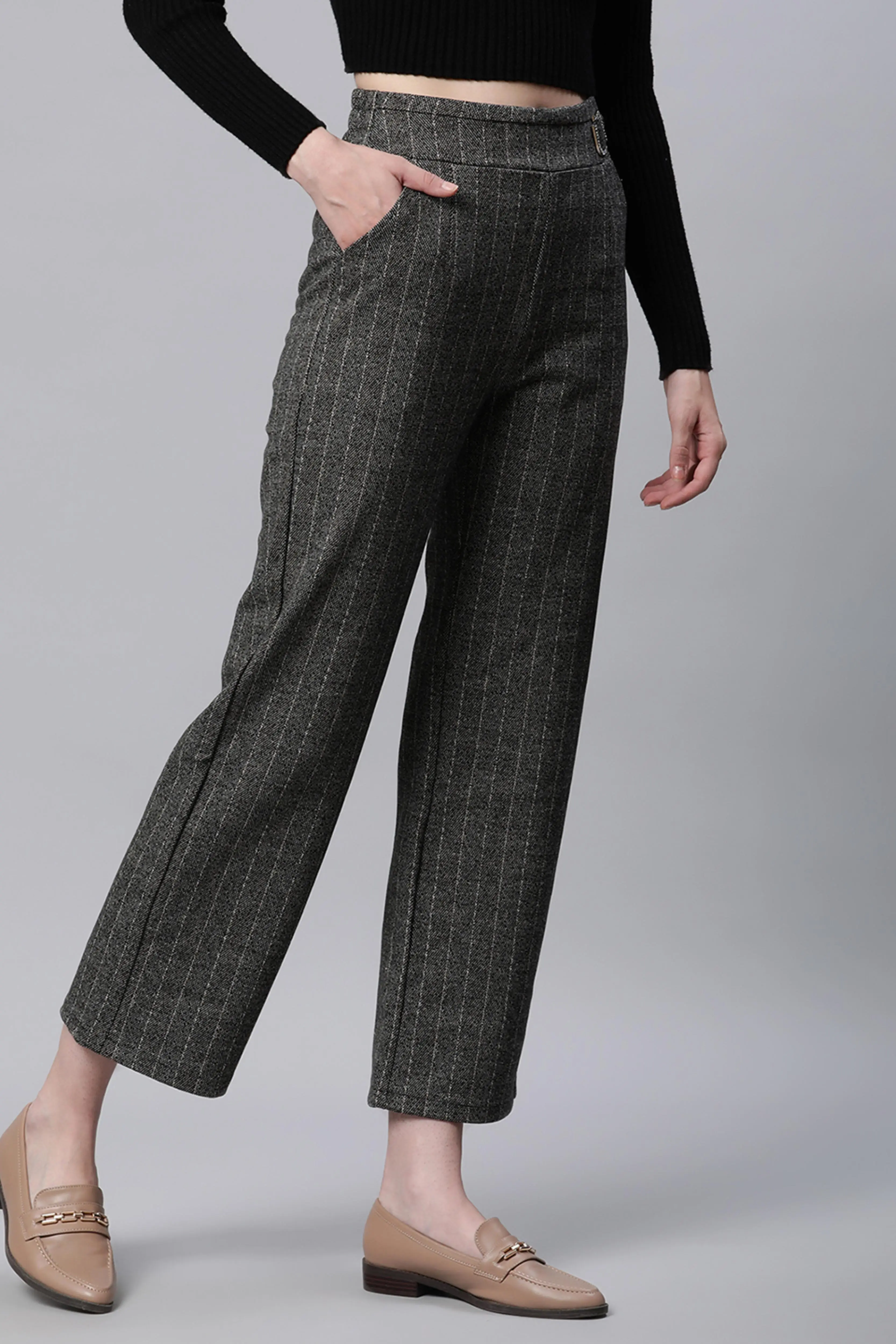 Grey Striped High Waist Straight Trousers - Image 4