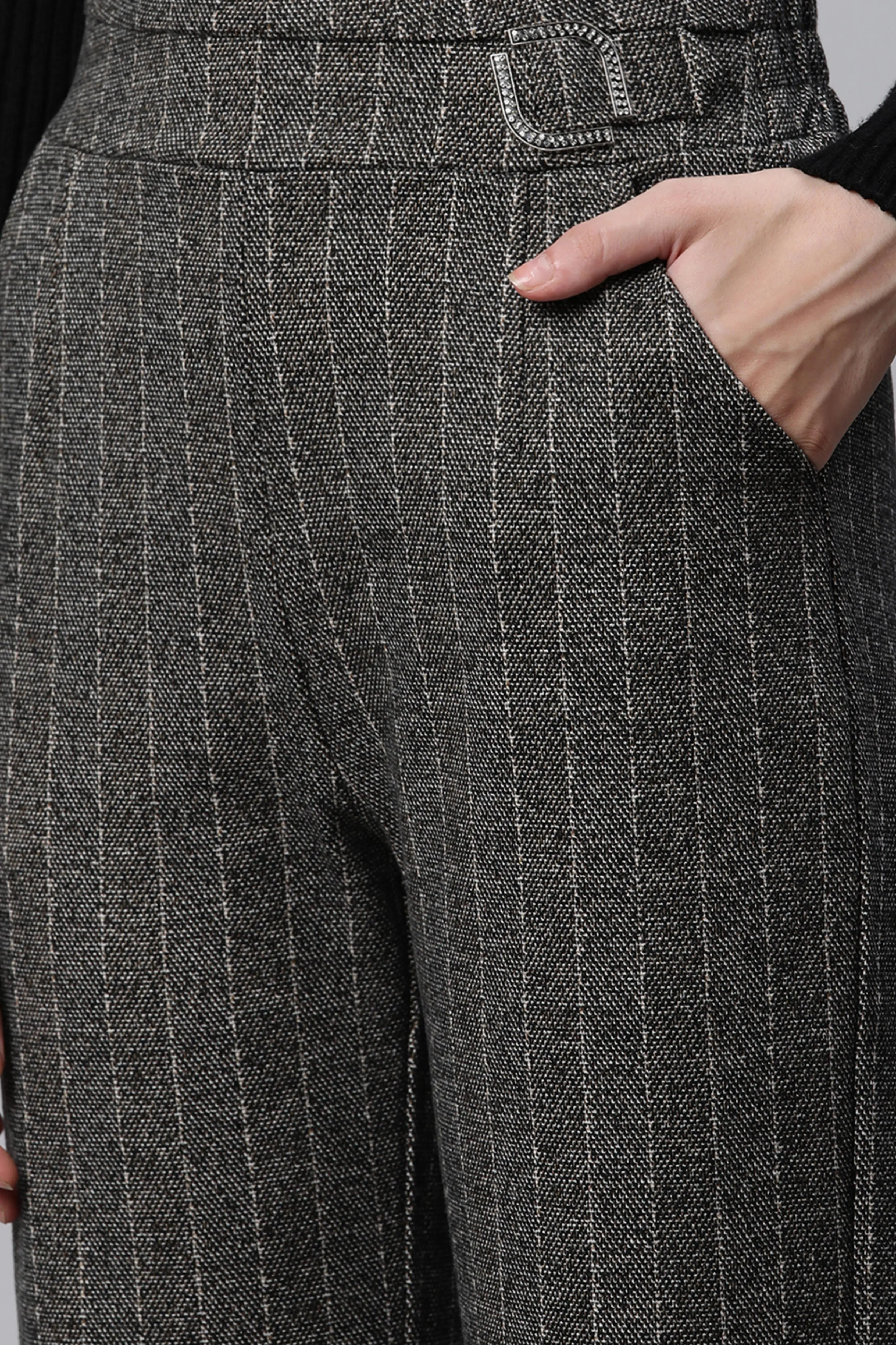 Grey Striped High Waist Straight Trousers - Image 5