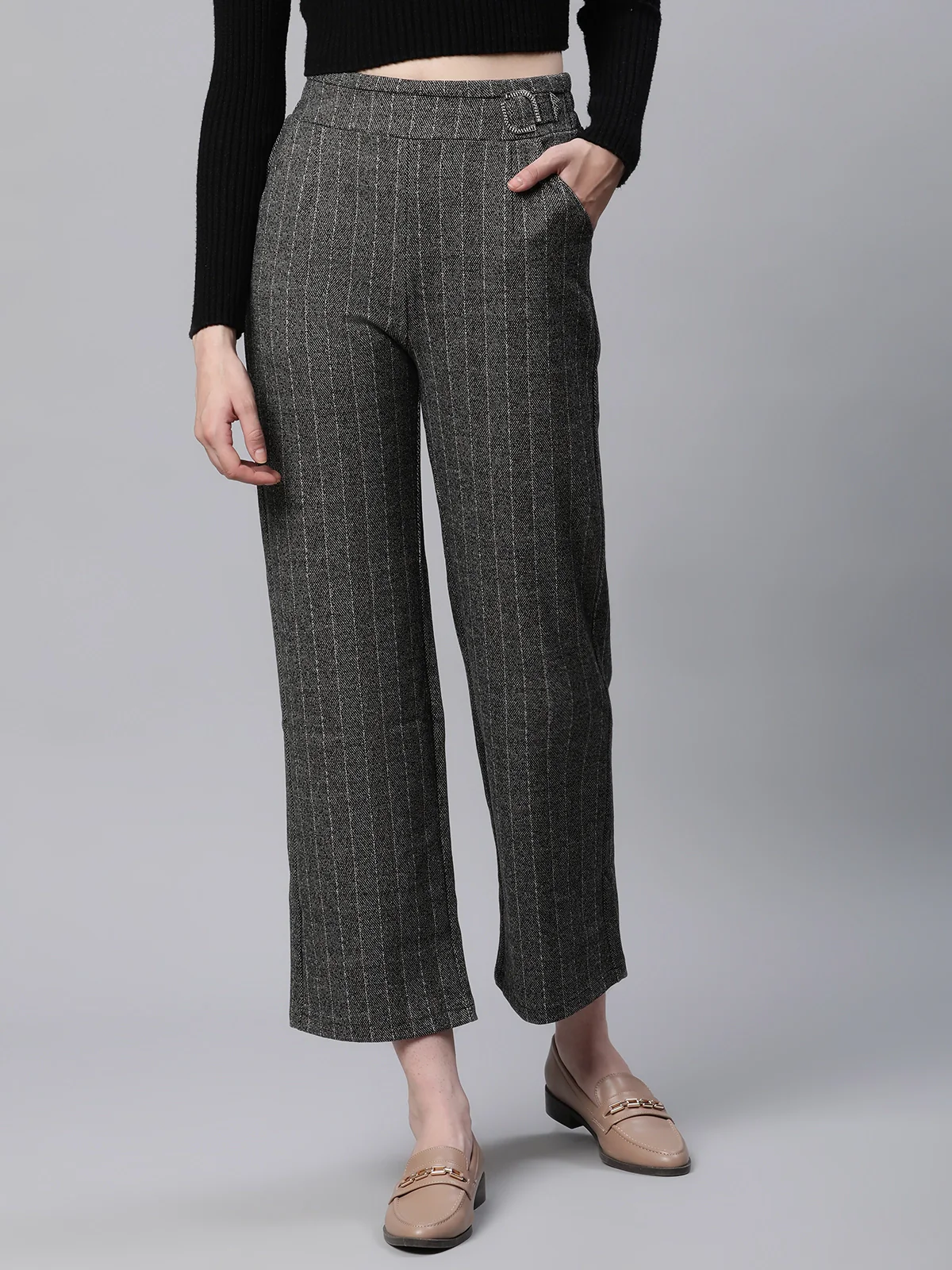 Grey Striped High Waist Straight Trousers - Image 7