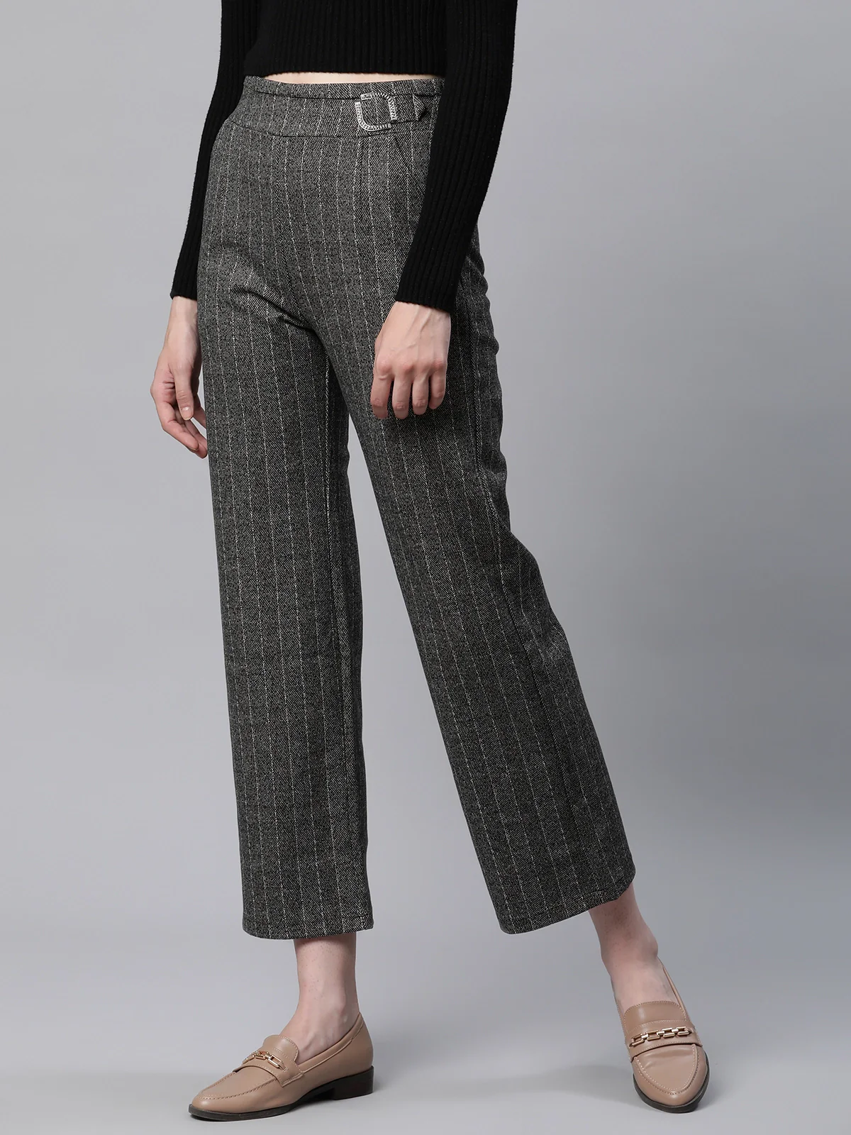 Grey Striped High Waist Straight Trousers - Image 9