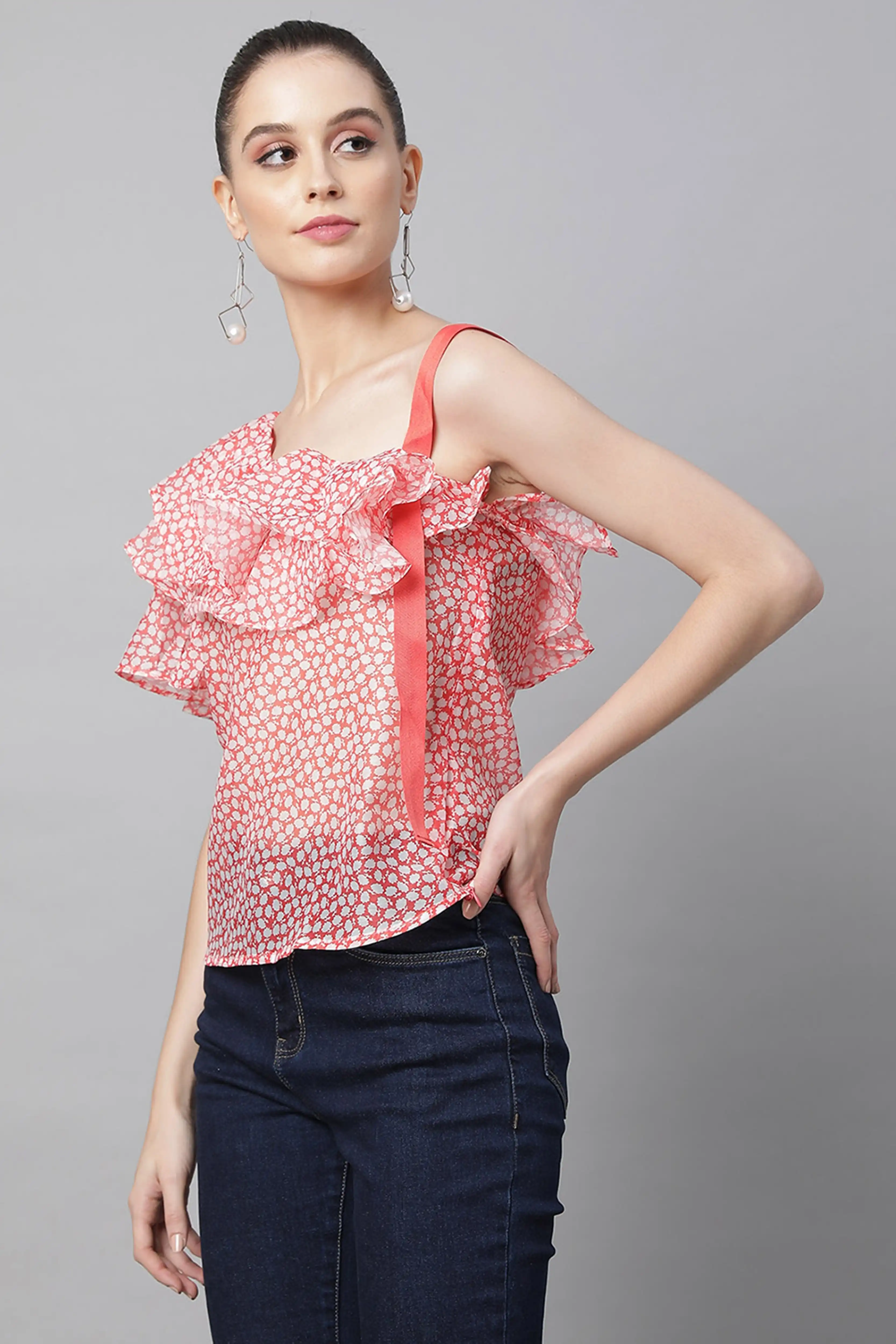 Red Printed Blouson Top - Image 3