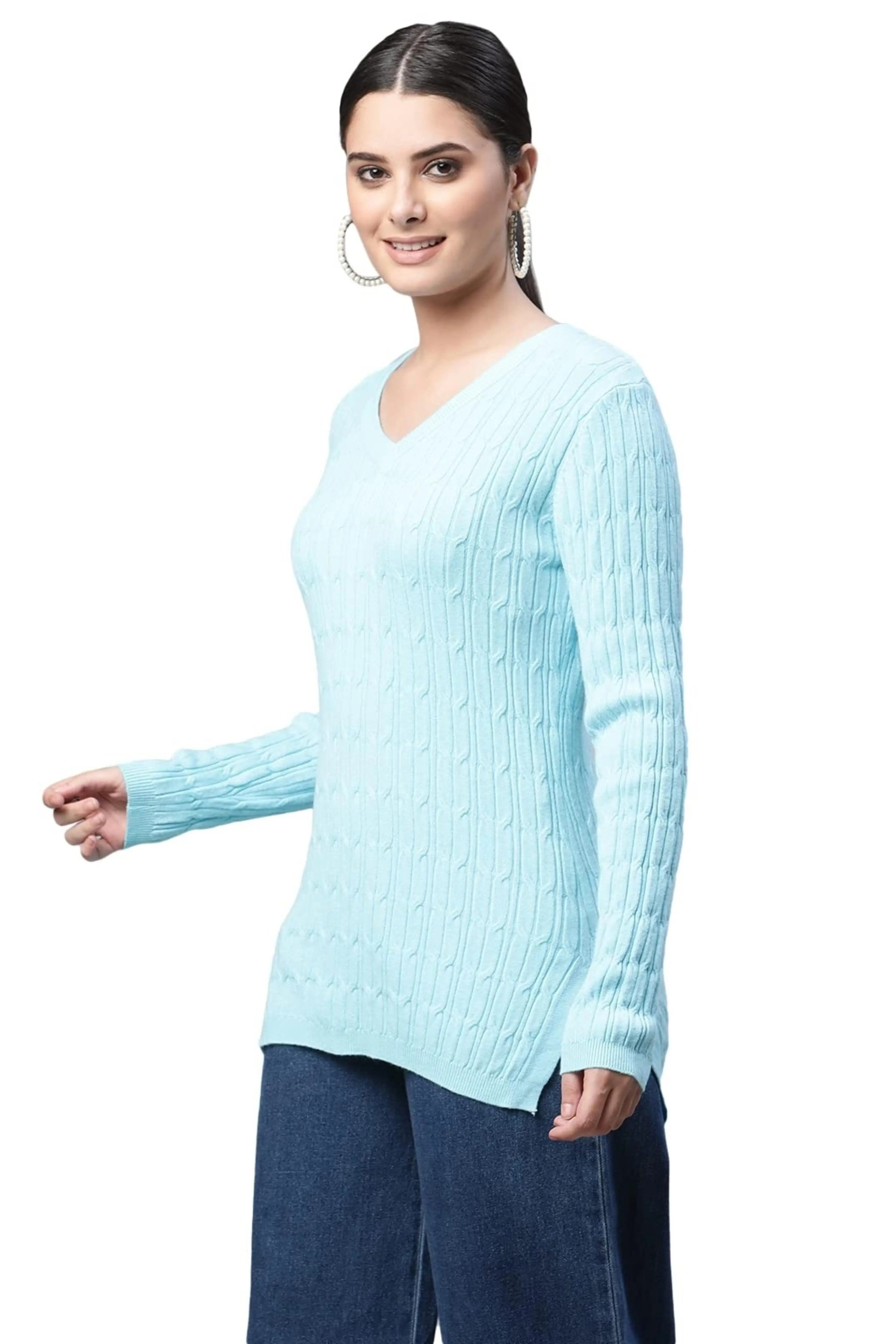 V-Neck Elongated Hem Blue Jacquard Regular Fit Pullover - Image 2