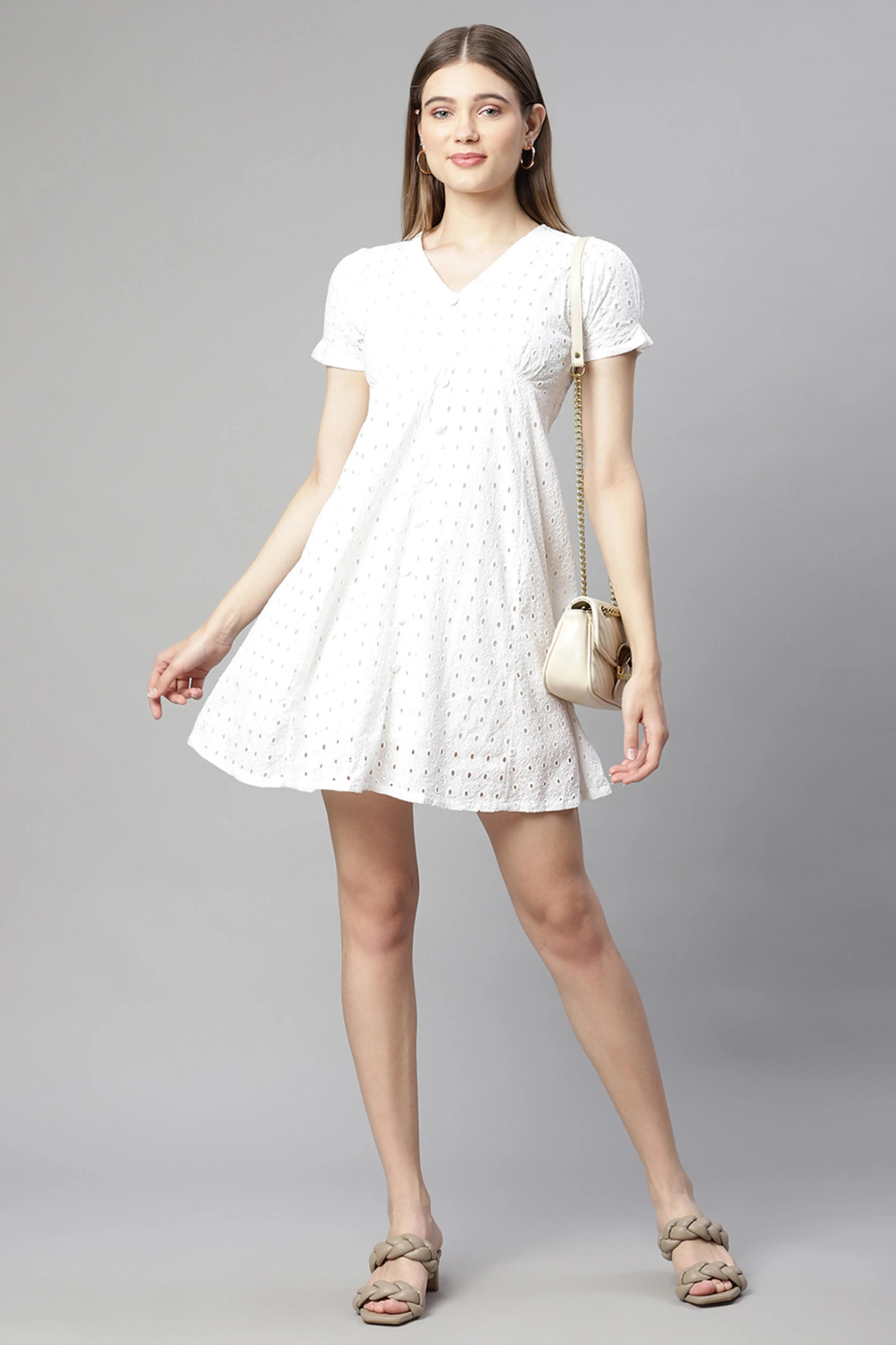 Women White Schiffli Cotton Skater Dress - Image 4