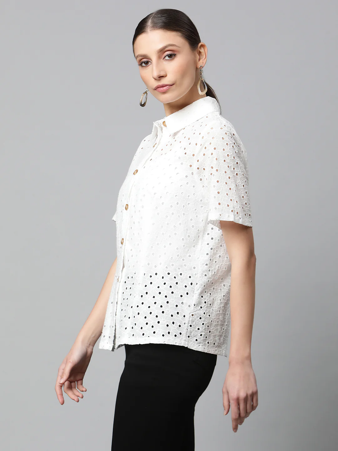 White Schiffli Embroidered Relaxed Shirt - Image 5