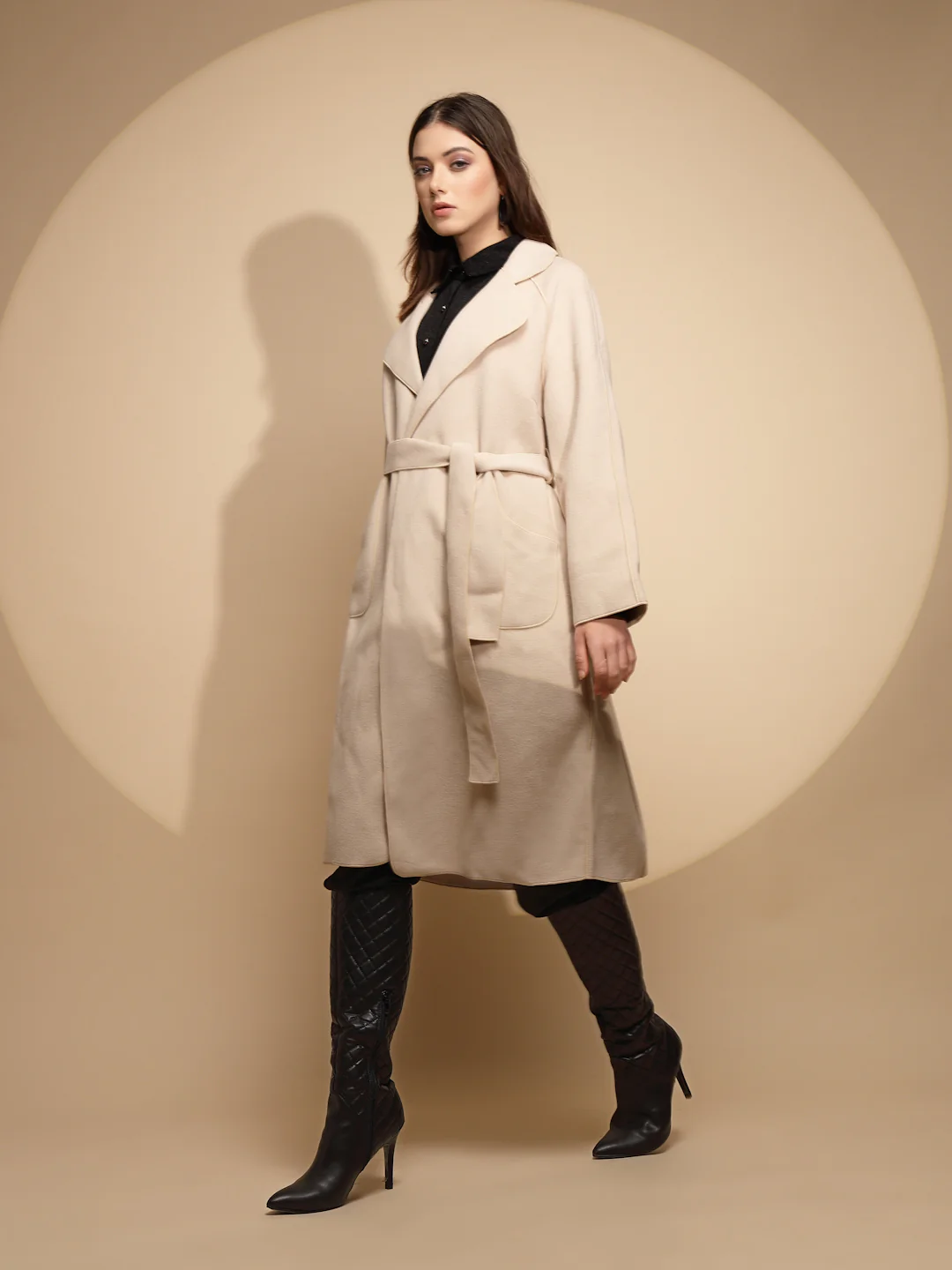 White Solid Collared Neck Full Sleeve Seude Long Wrap Coat - Image 3