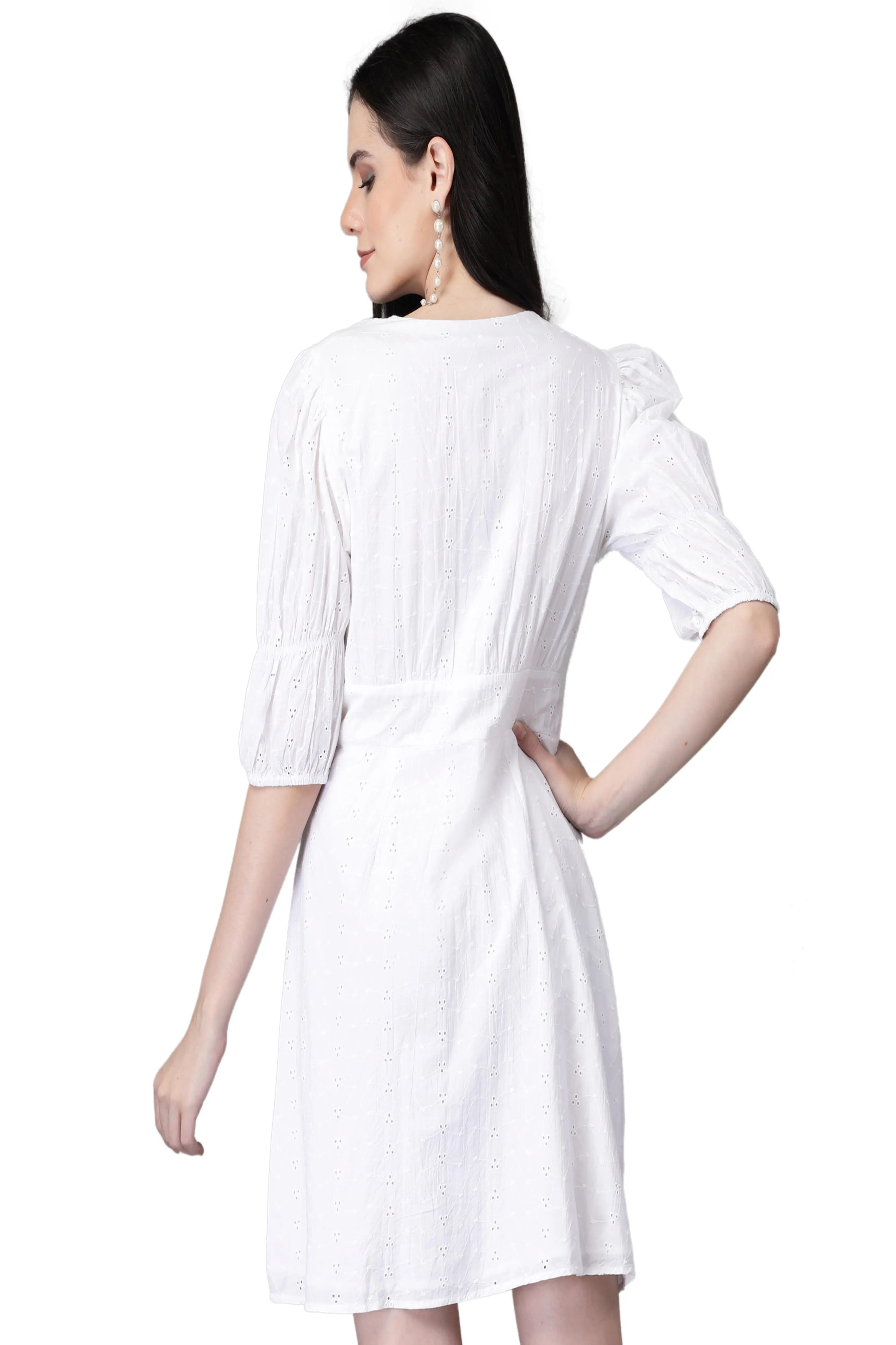 White Embroidered Cotton Flared Dress - Image 7