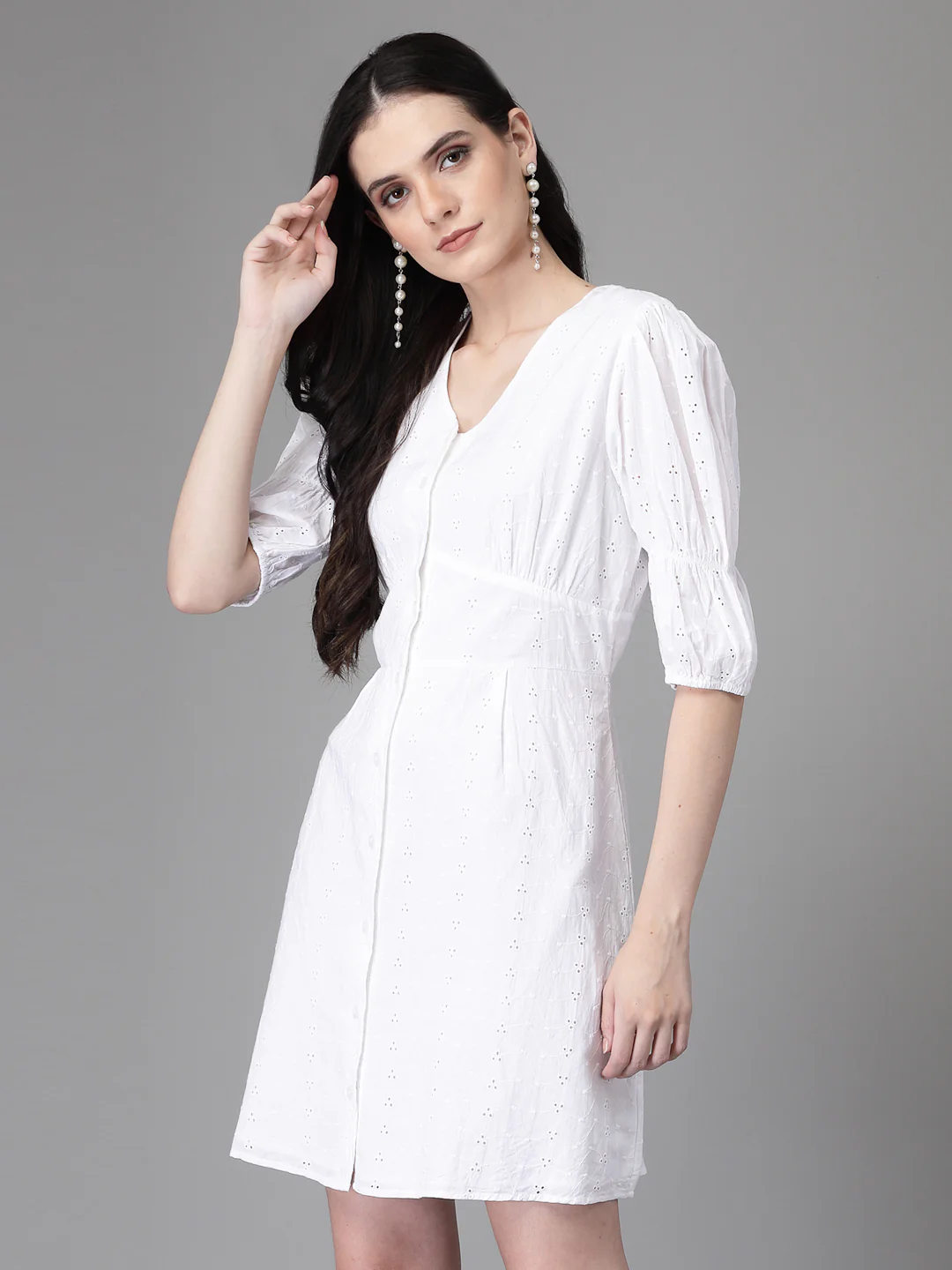 White Embroidered Cotton Flared Dress - Image 9
