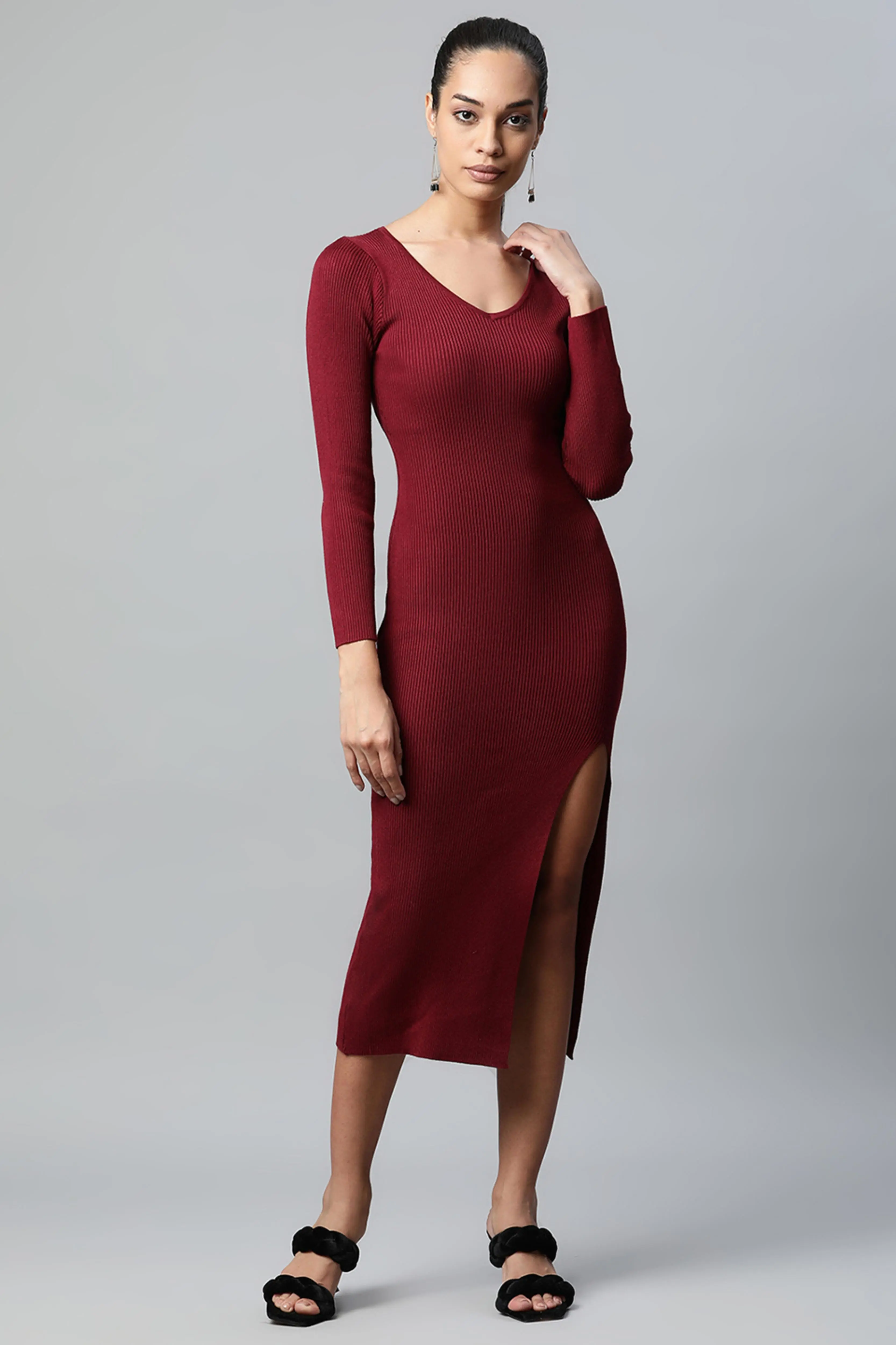 Wine Solid Viscose Dress - Image 6