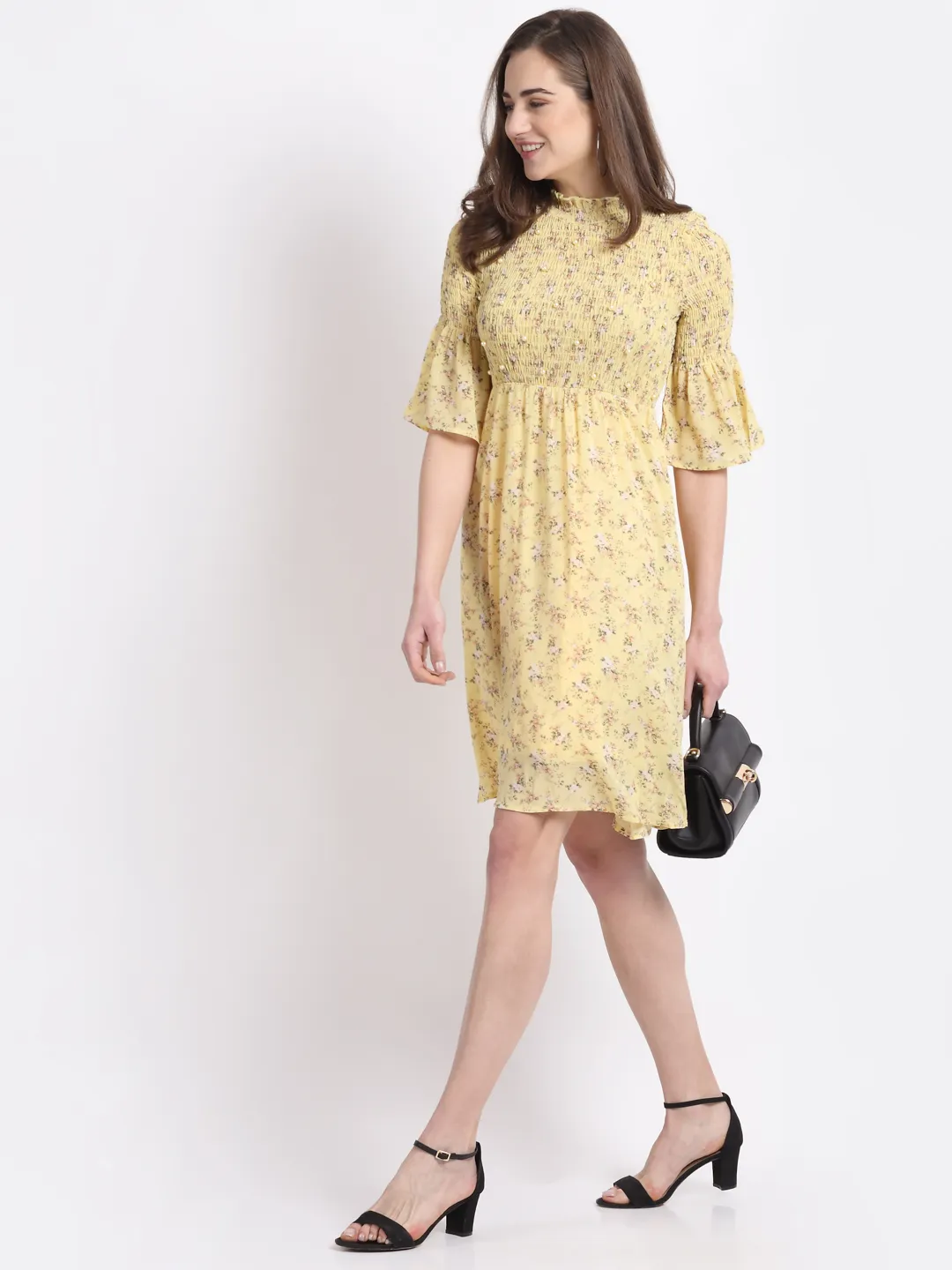 Women Yellow Pearl Embellished Flared Dress - Image 2