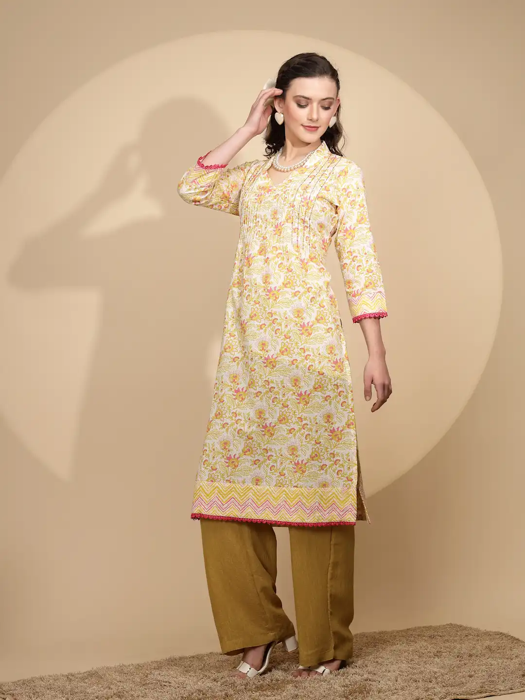Yellow Floral Printed Cotton Kurta - Image 10