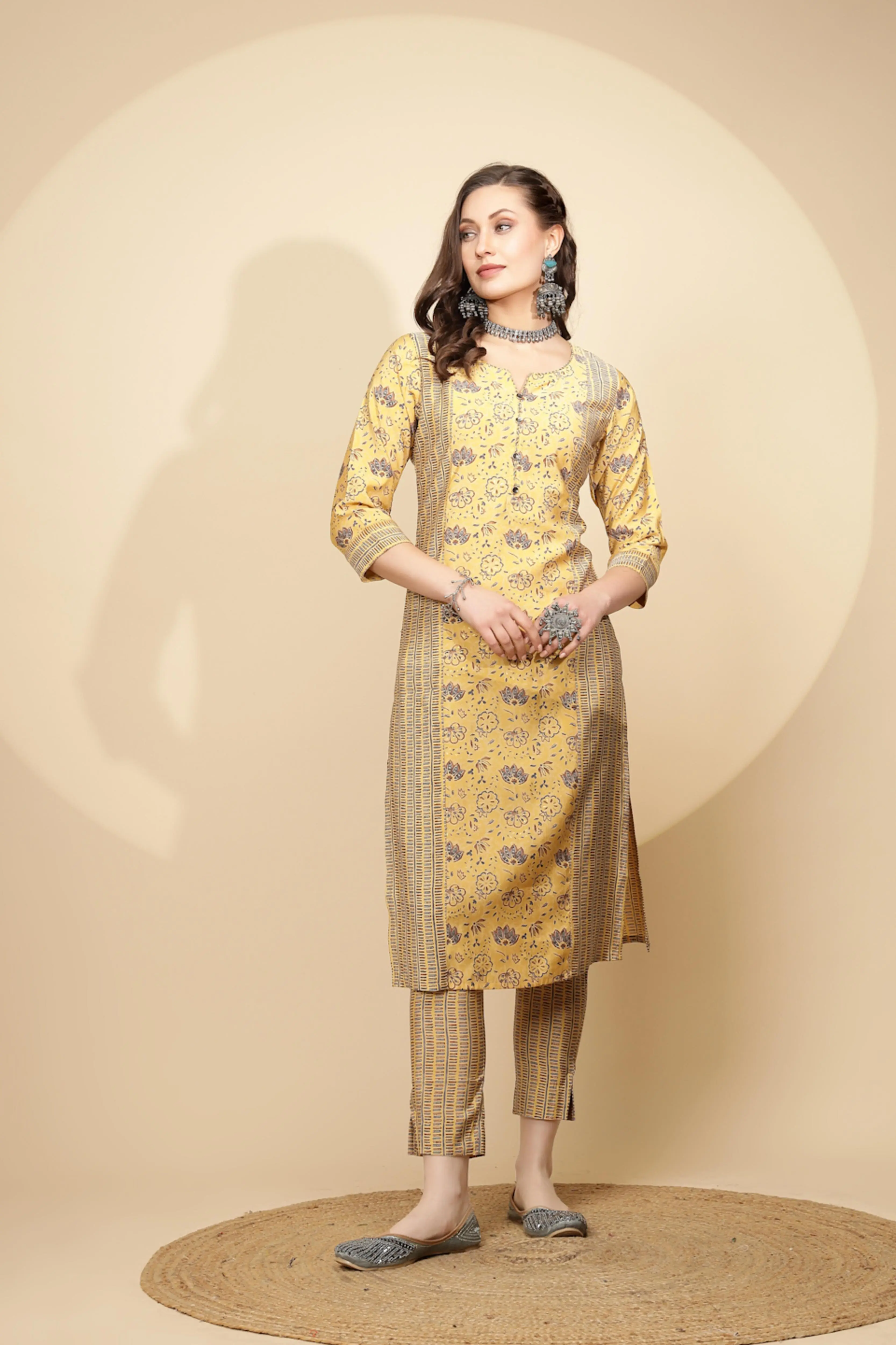 Yellow Cotton Suit Set For Women - Image 6